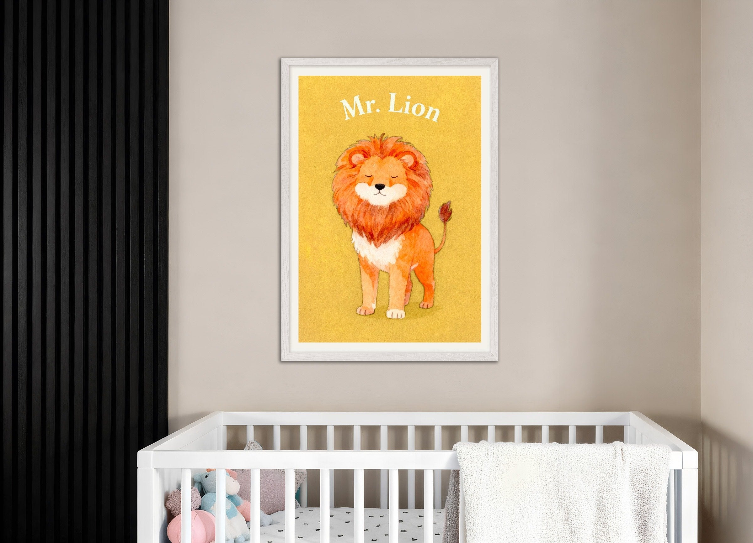 Poster of Nursery lion wall art – Jungle king watercolor, with white wooden frame