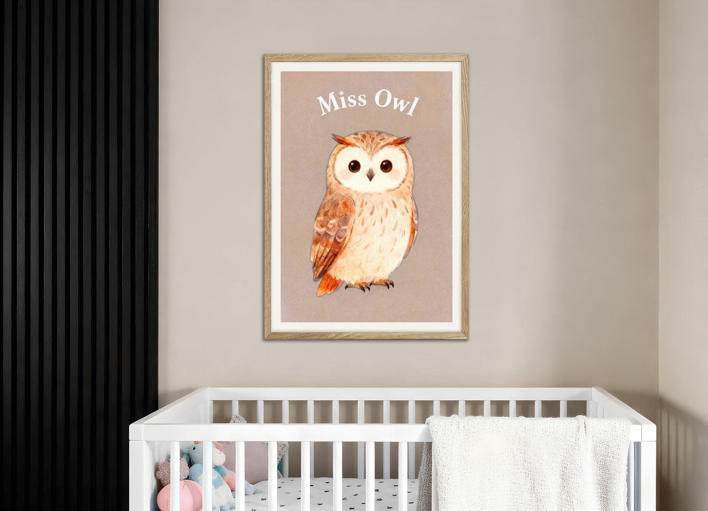 Poster of Nursery owl wall art – Wise woodland bird poster, with natural wooden frame