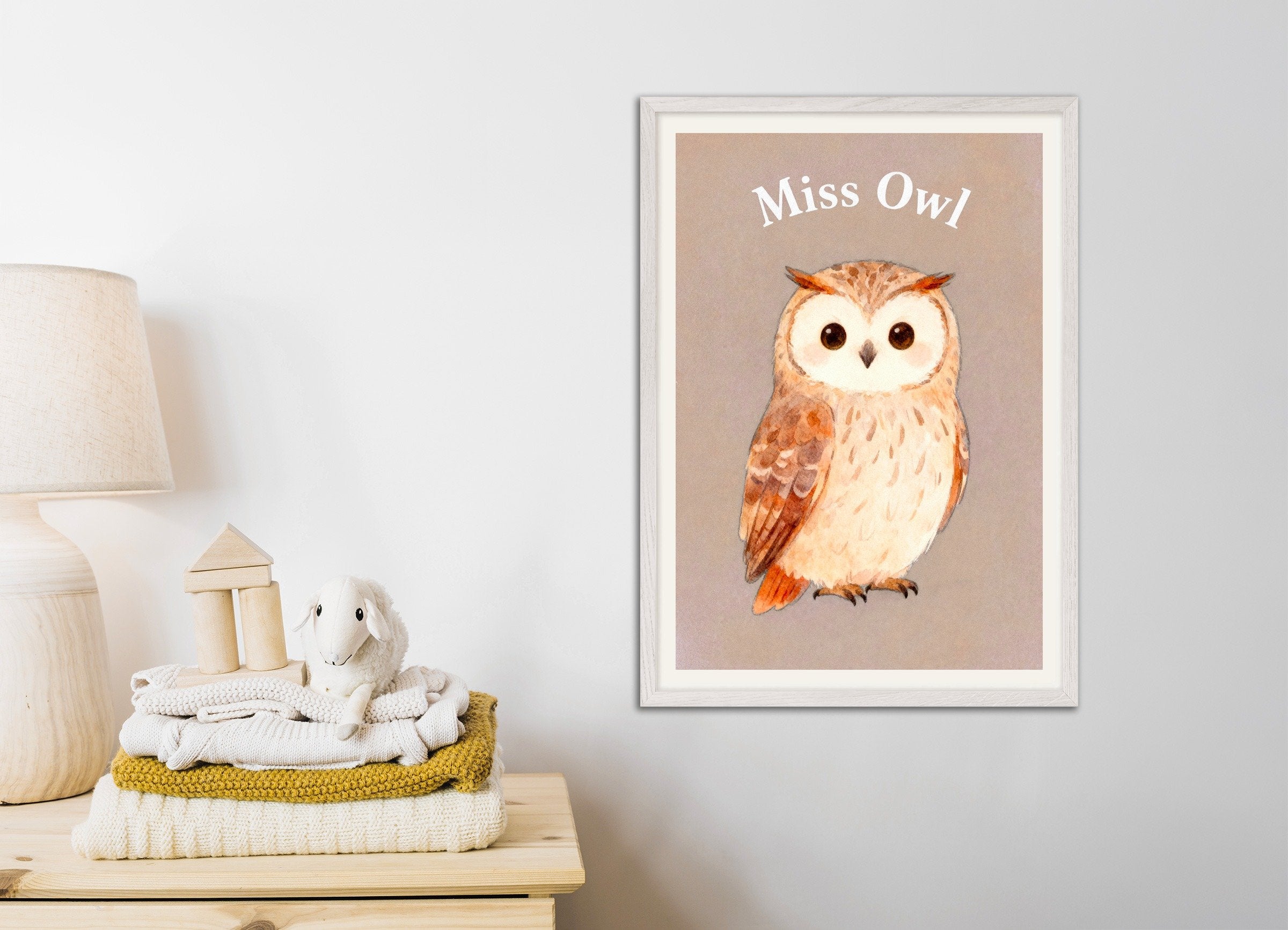 Poster of Nursery owl wall art – Wise woodland bird poster, with white wooden frame