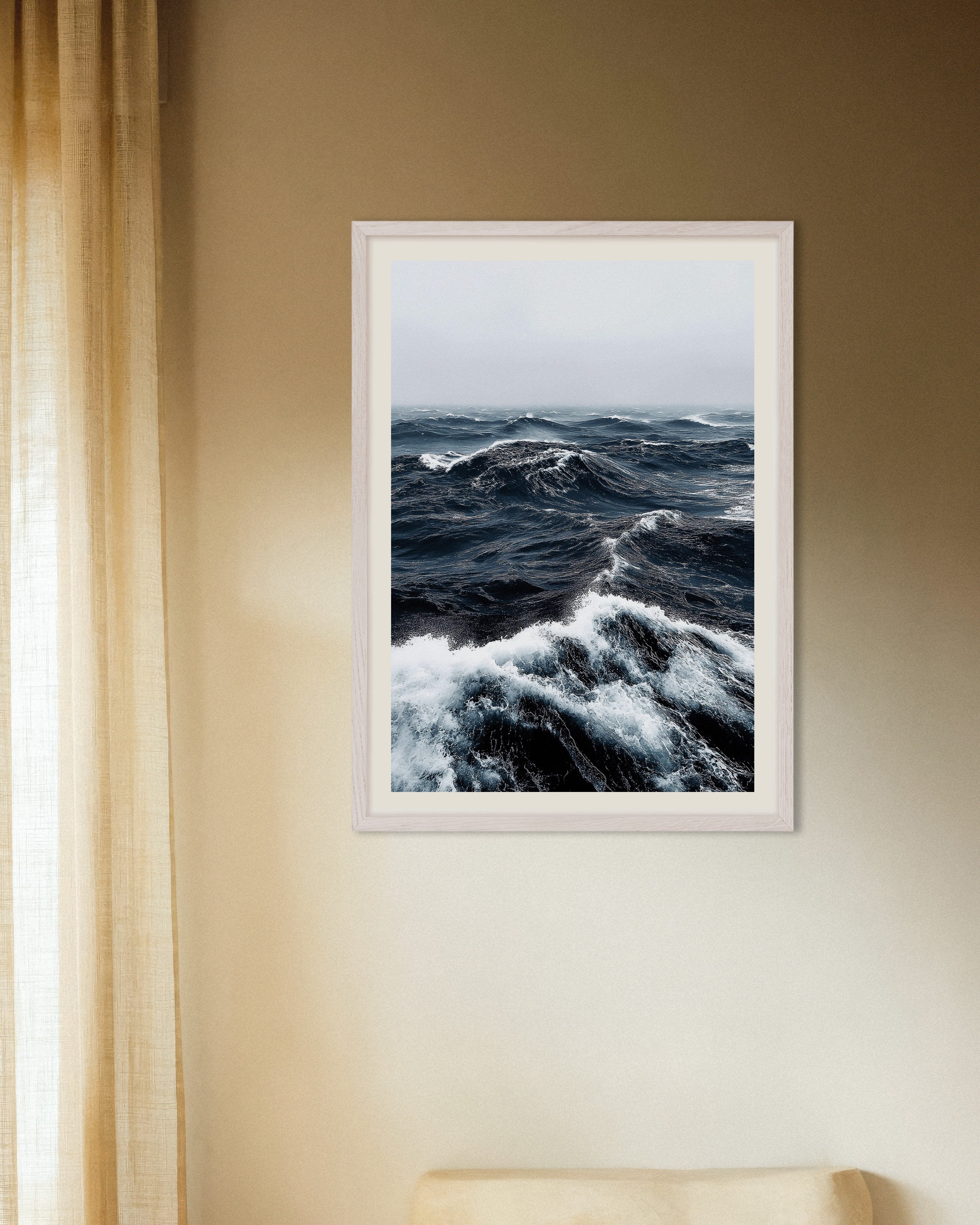 Poster of Ocean waves photography print, with white wooden frame