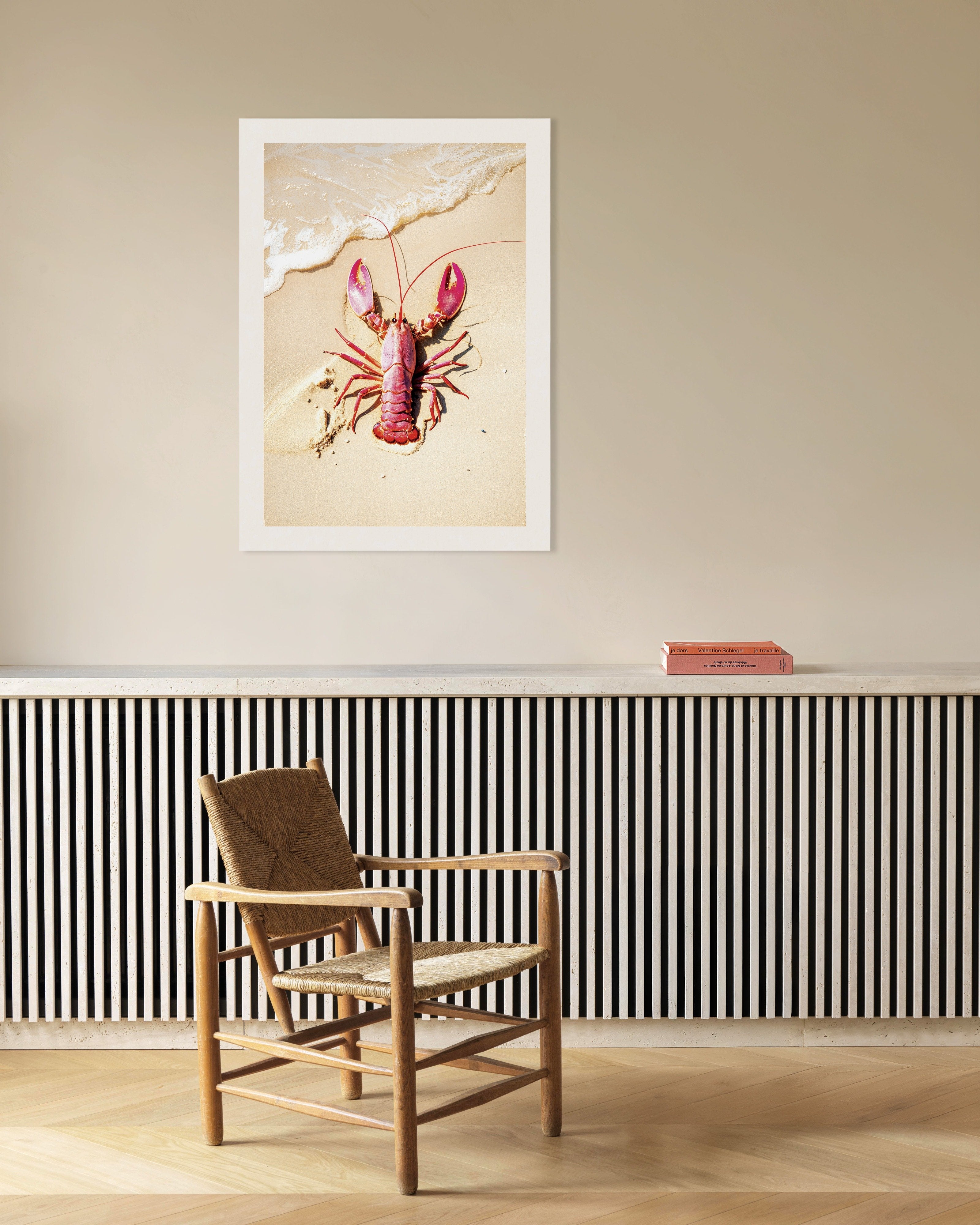 Poster of Pink lobster on a beach - Poster