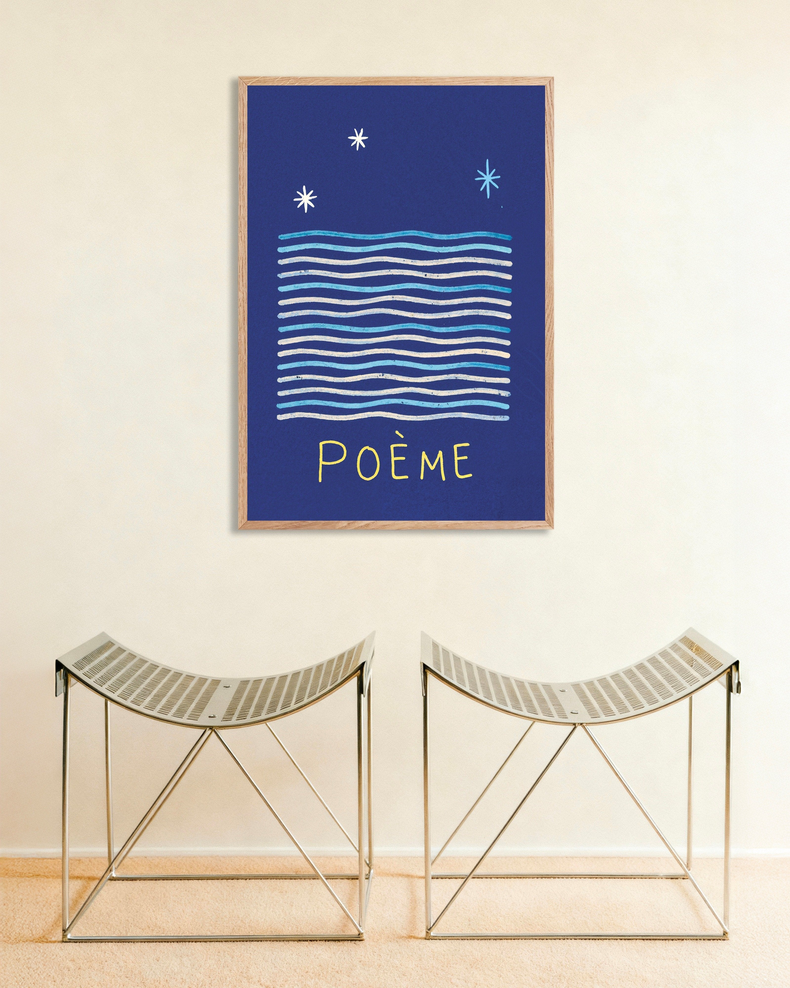 Poster of Poème - Night Waves Poster, with natural wooden frame