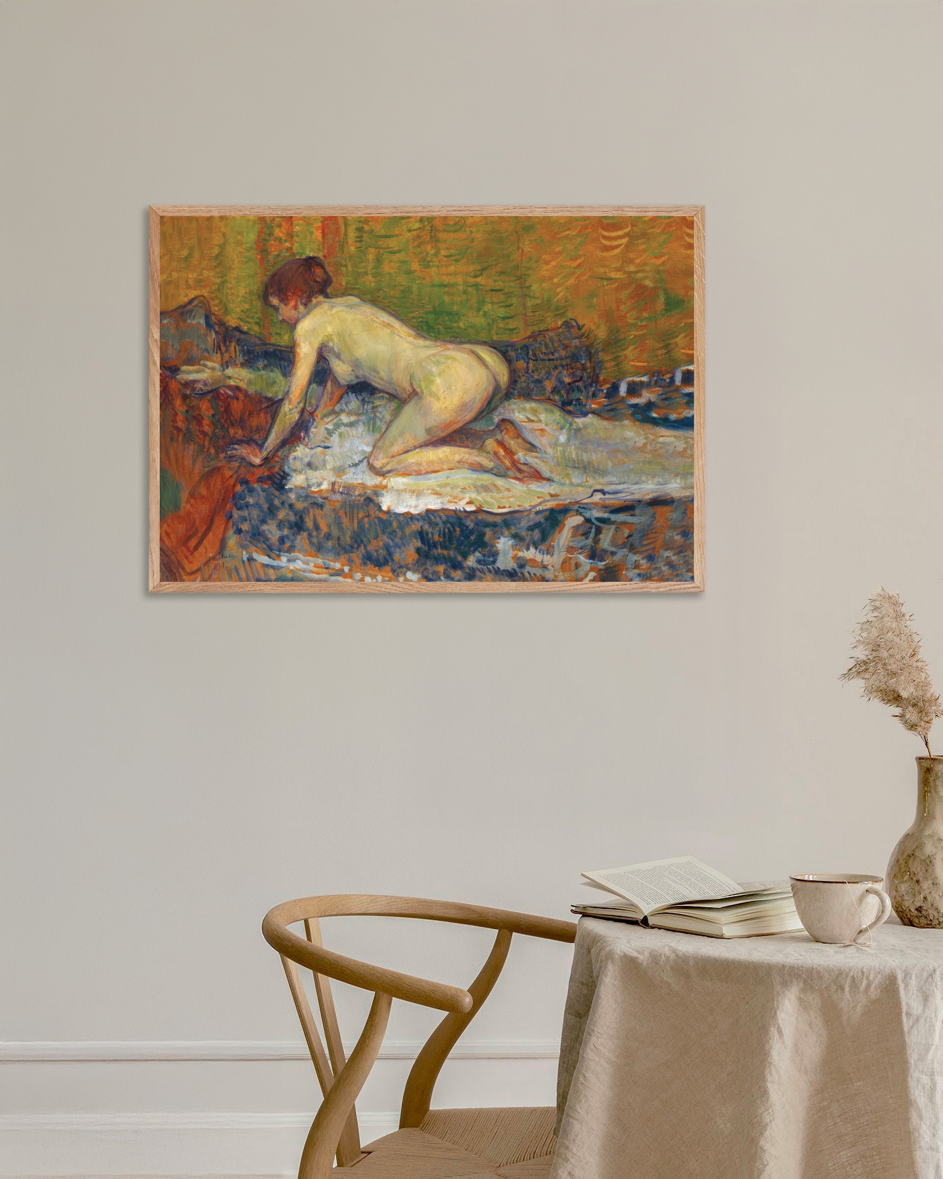 Poster of Red-Headed Nude Crouching by Henri de Toulouse-Lautrec, with natural wooden frame
