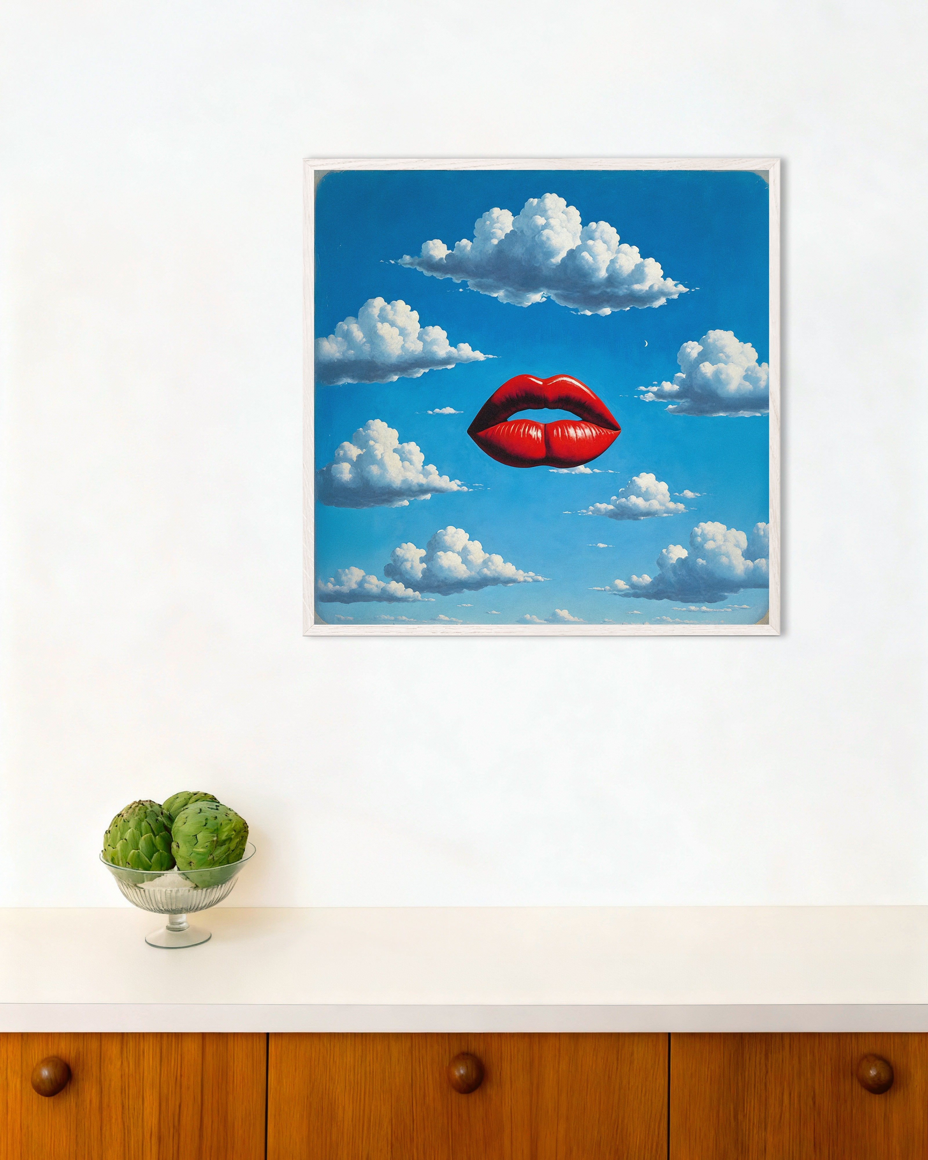Poster of Red Lips Poster – Dreamlike Surrealism Art, with white wooden frame
