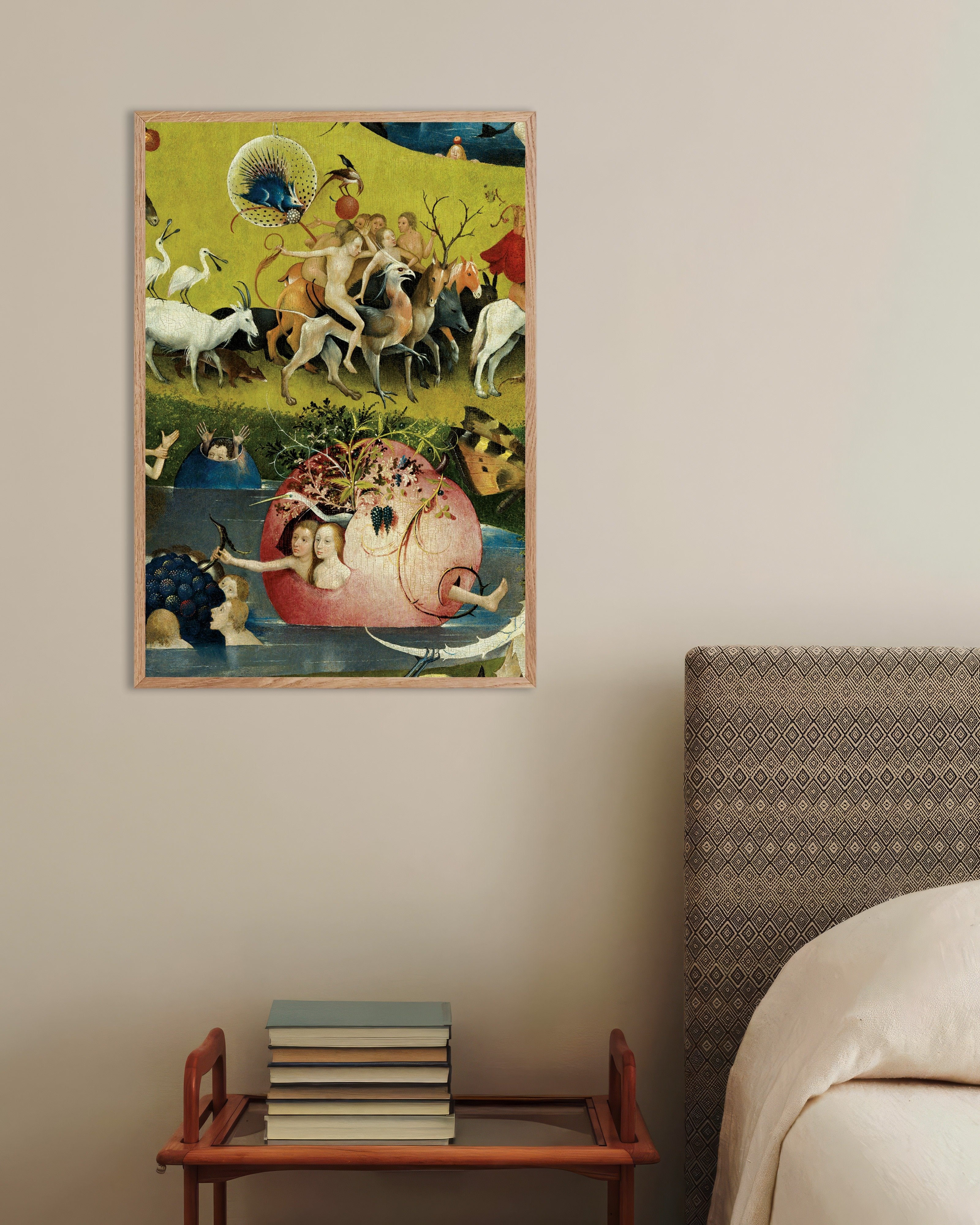 Poster of Riders and the hollow fruit - Detail from The Garden of Earthly Delights, with natural wooden frame