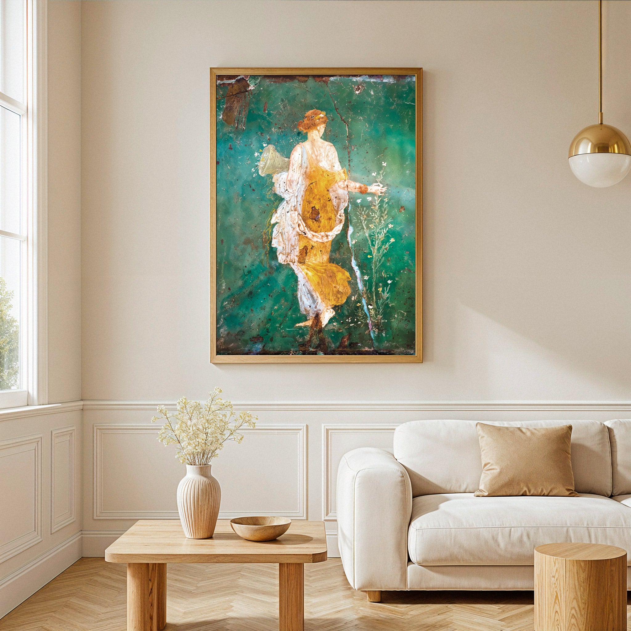 Framed abstract painting of a woman in a yellow dress on a wall above a sofa in a living room.