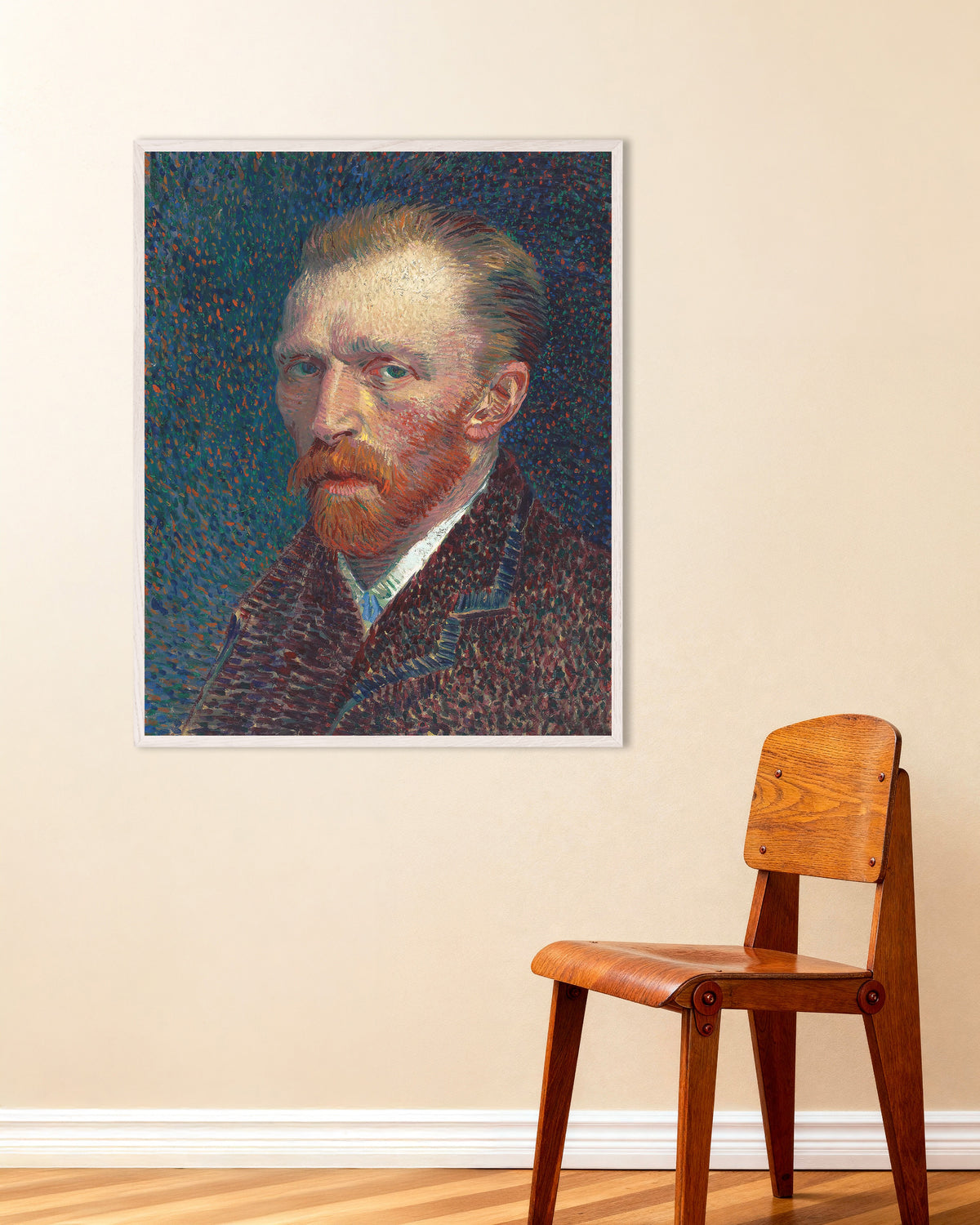 フィンセント・ファン・ゴッホによる《青い点描の背景の自画像》(1887年)のポスター、白い木製フレーム付き