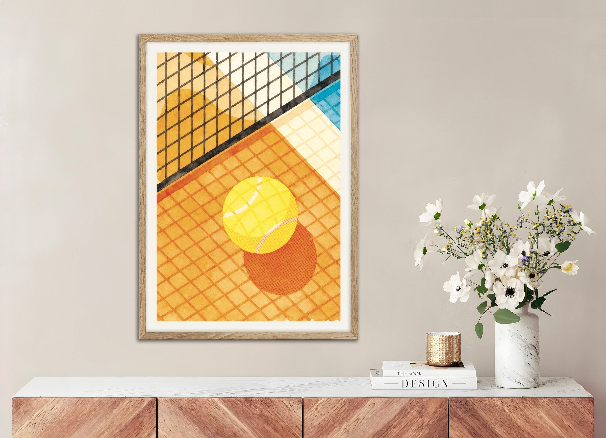 Poster of Tennis poster – Watercolor sports art print, with natural wooden frame