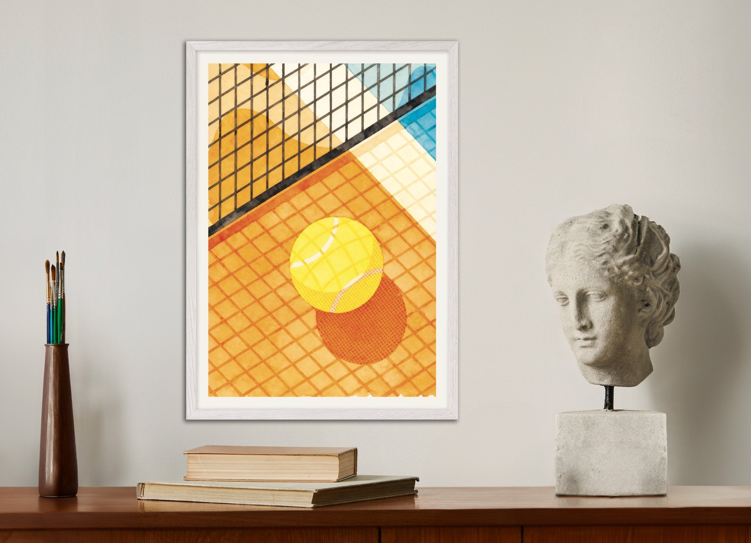 Poster of Tennis poster – Watercolor sports art print, with white wooden frame