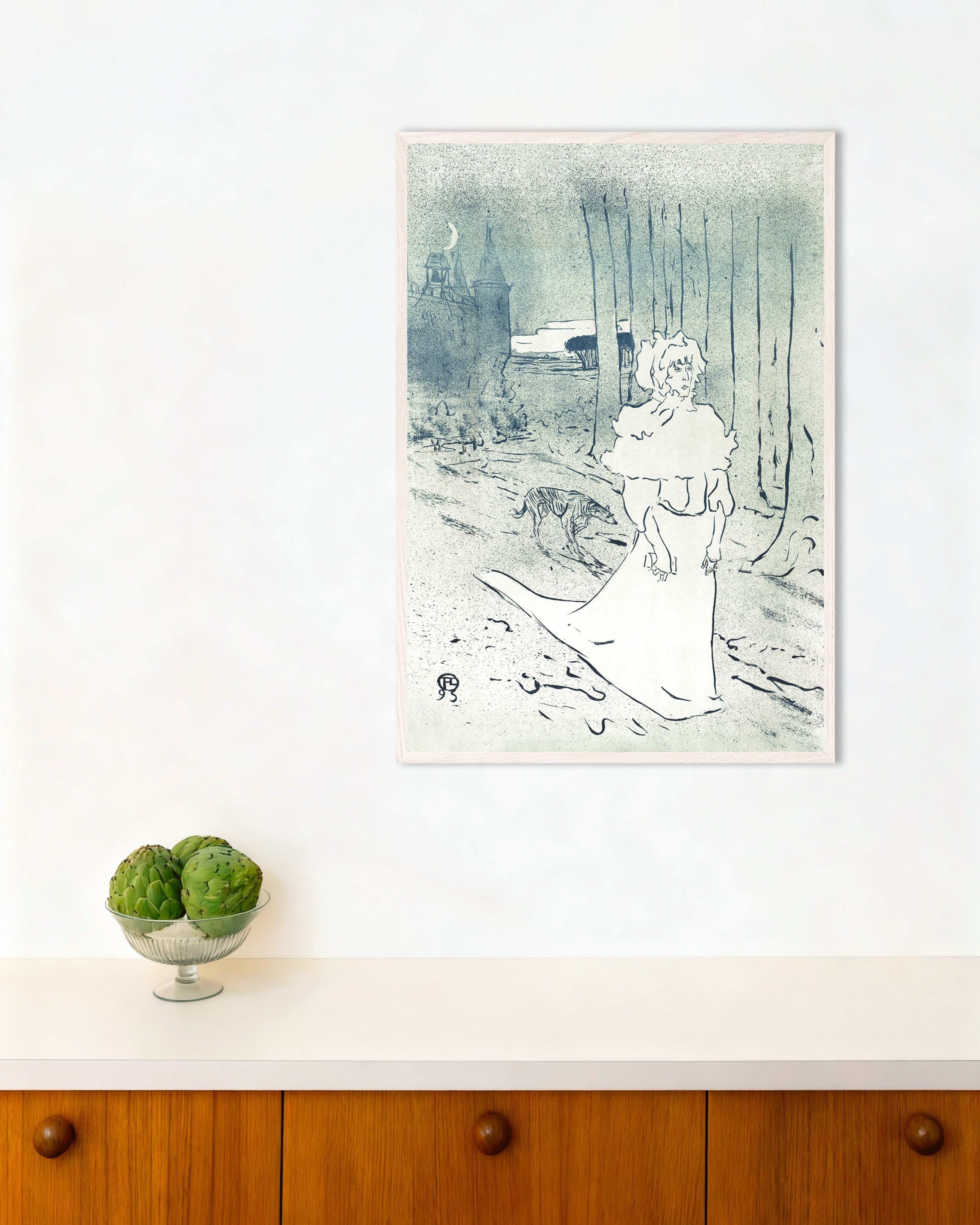 Poster of The Chatelaine or the Tocsin (1895) by Henri de Toulouse-Lautrec, with white wooden frame