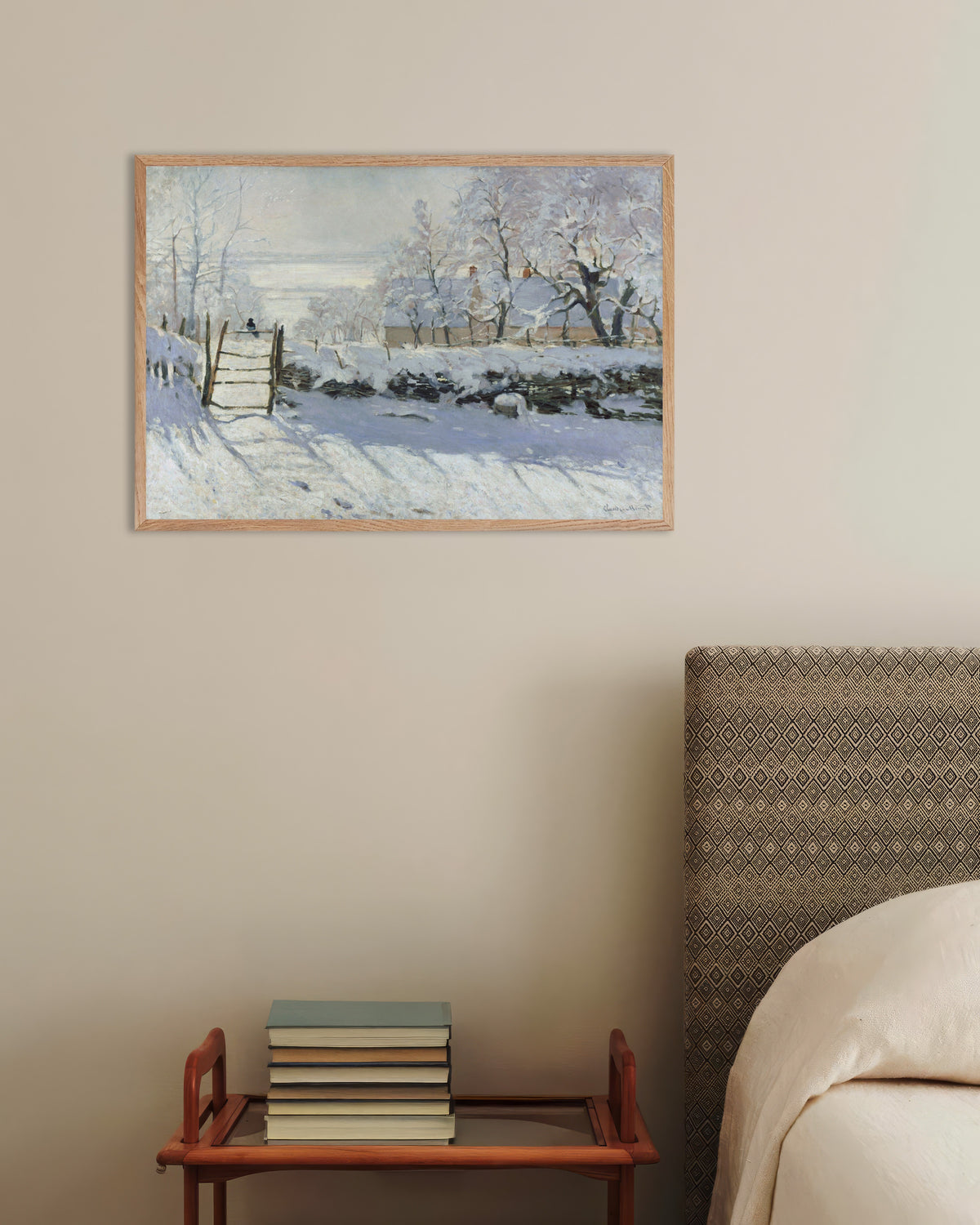 クロード・モネ《かささぎ》(1868–1869年)のポスター、天然木のフレーム付き