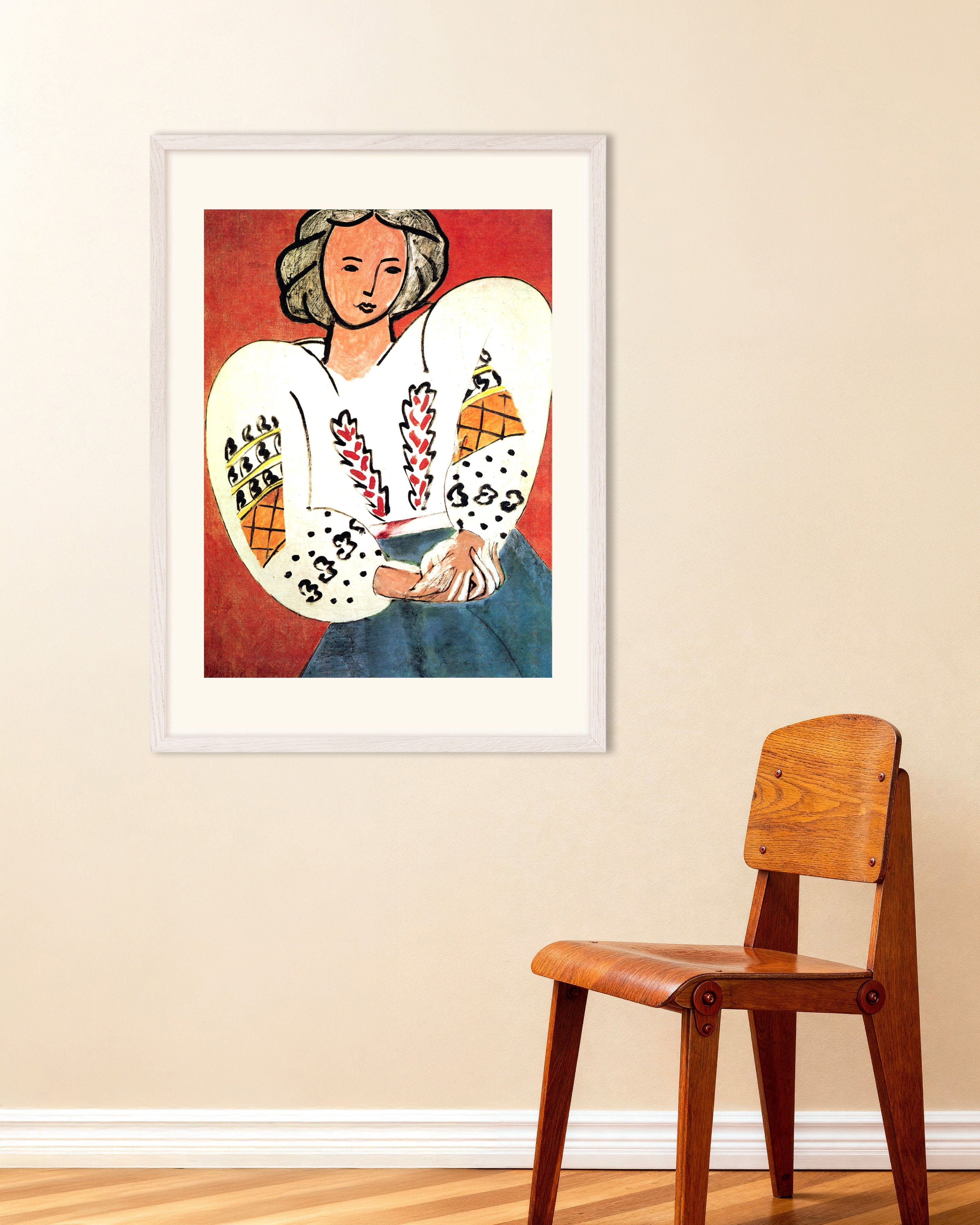 Poster of The Romanian blouse (1940) by Henri Matisse, with white wooden frame
