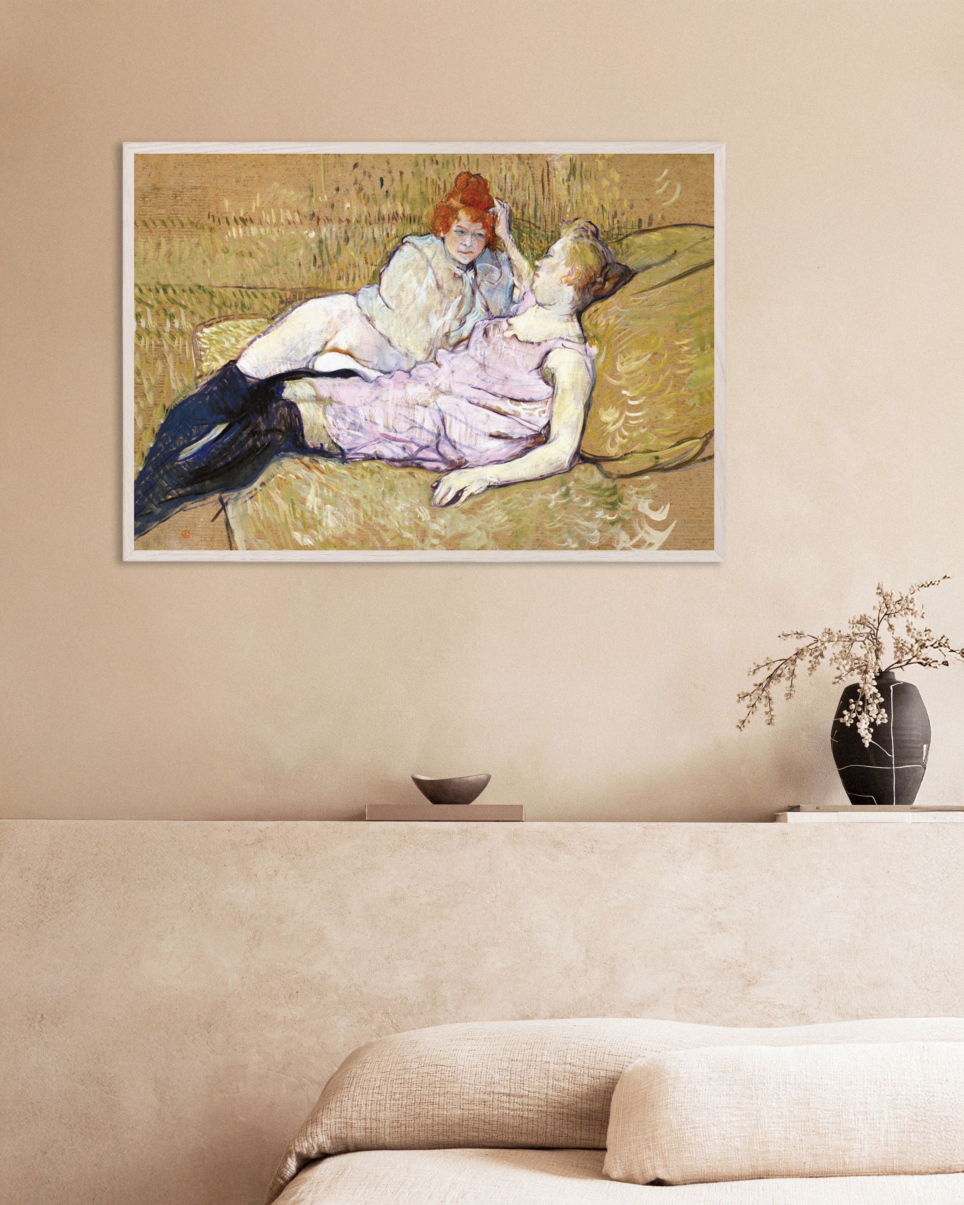 Poster of The Sofa (ca. 1894-1896) by Henri de Toulouse-Lautrec, with white wooden frame