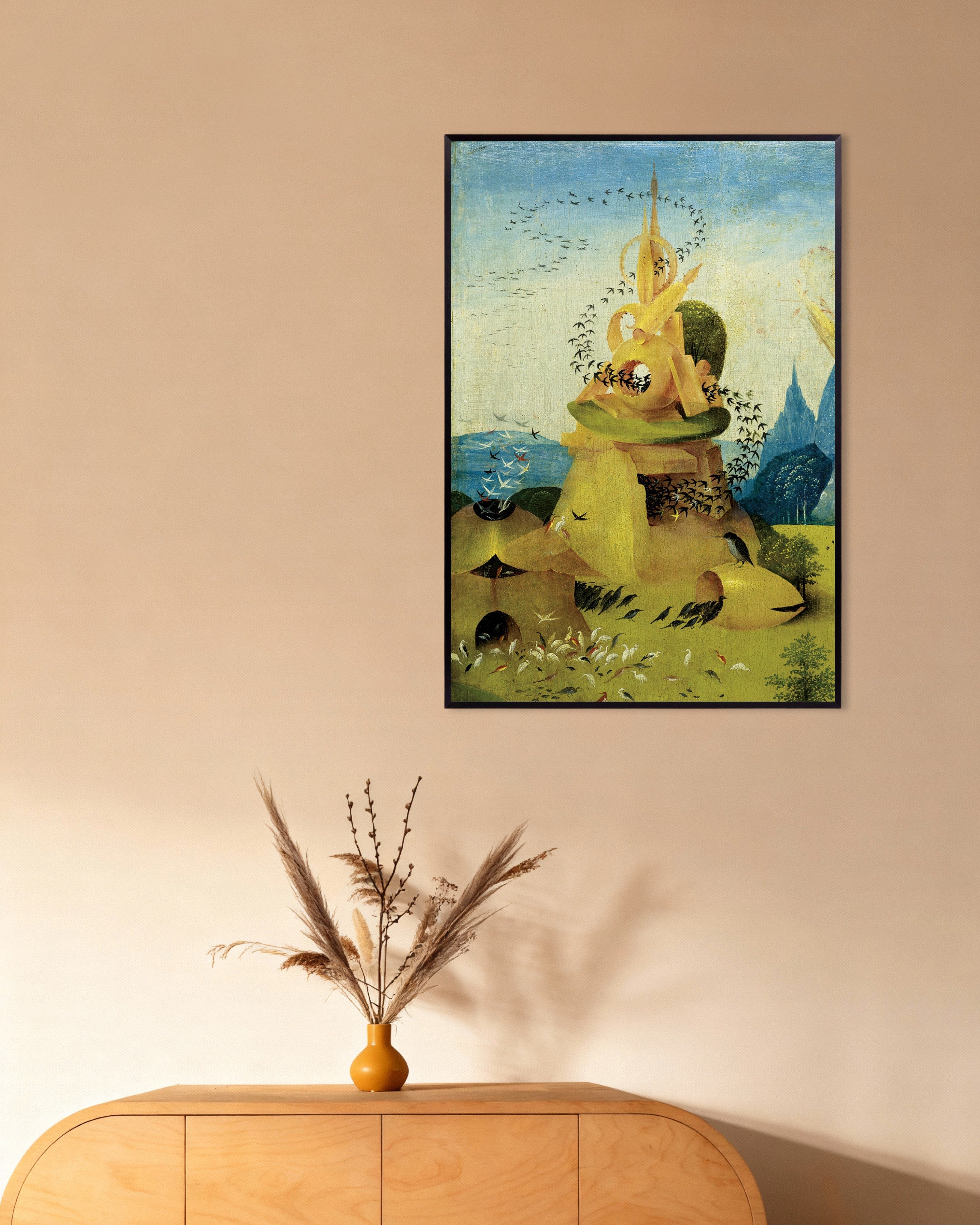Poster of Towers and circling birds - Detail from The Garden of Earthly Delights, with metal frame