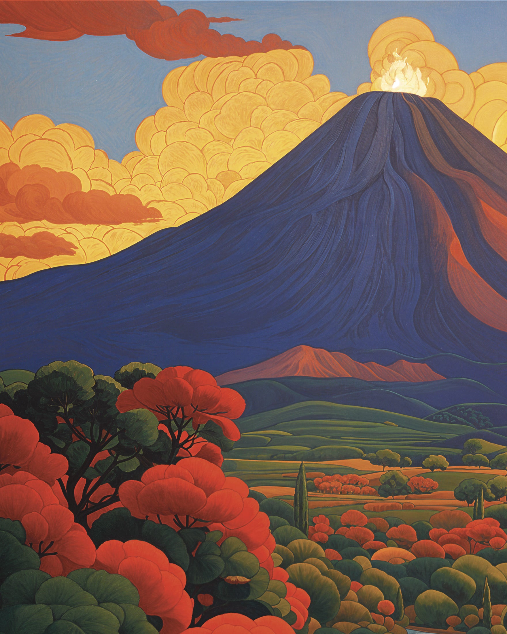 火山ポスタ、神秘的なシンボリストの構図