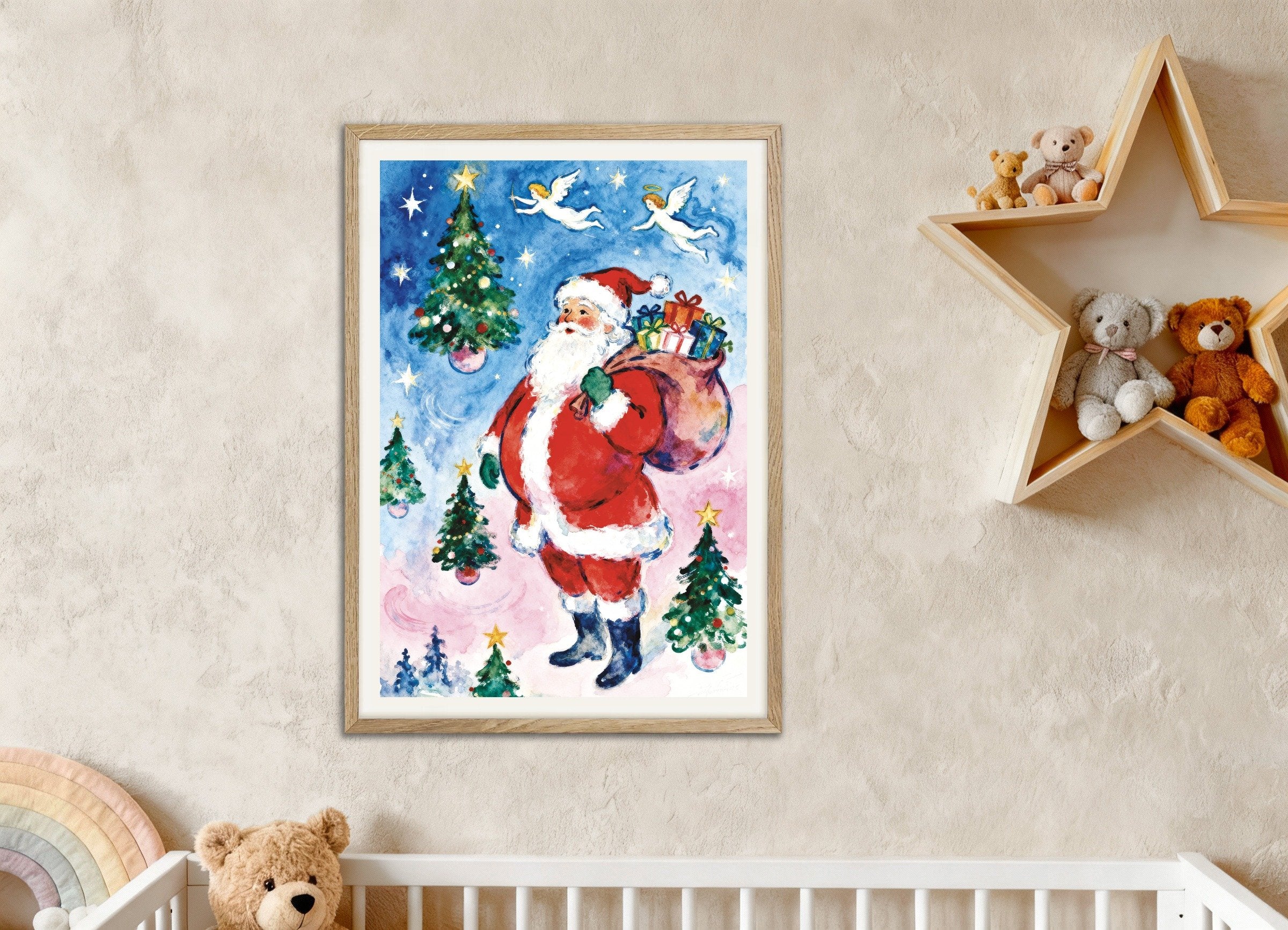 Poster of Watercolor Santa Claus poster, with natural wooden frame