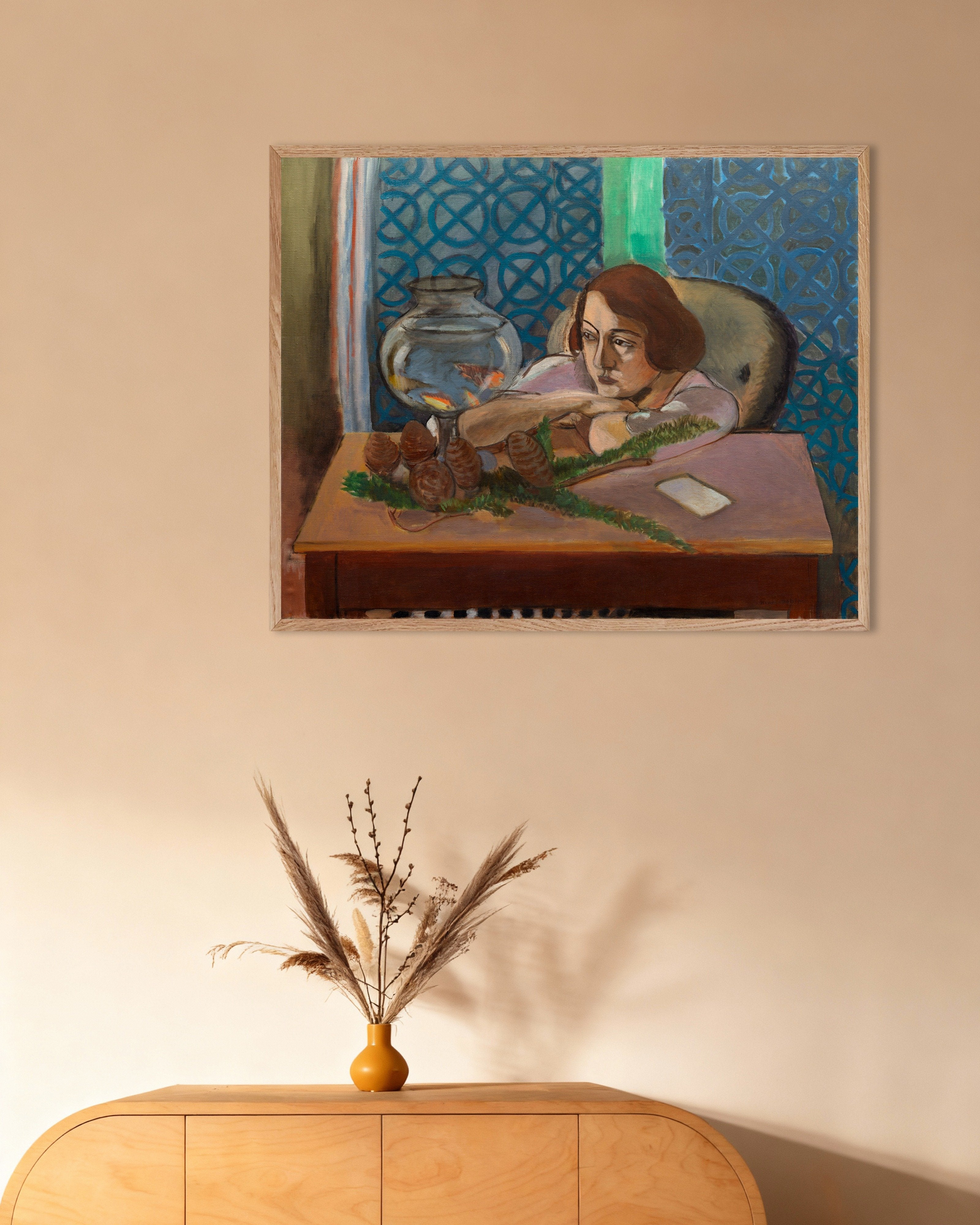 Poster of Woman before an aquarium (1921-1923) by Henri Matisse - Poster, with natural wooden frame