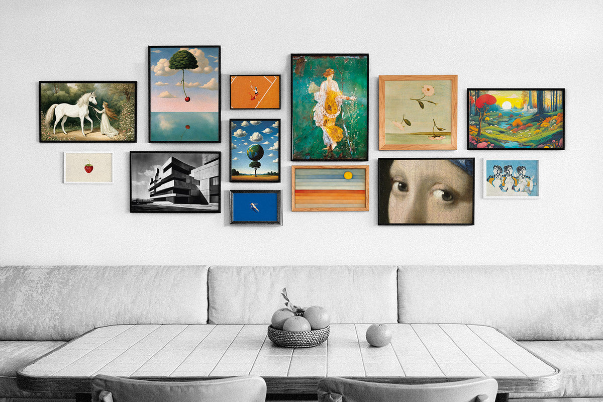 Gallery wall of colorful framed posters, including the Flora fresco and a detail of Girl with a Pearl Earring, above a grey sofa and a white wooden table