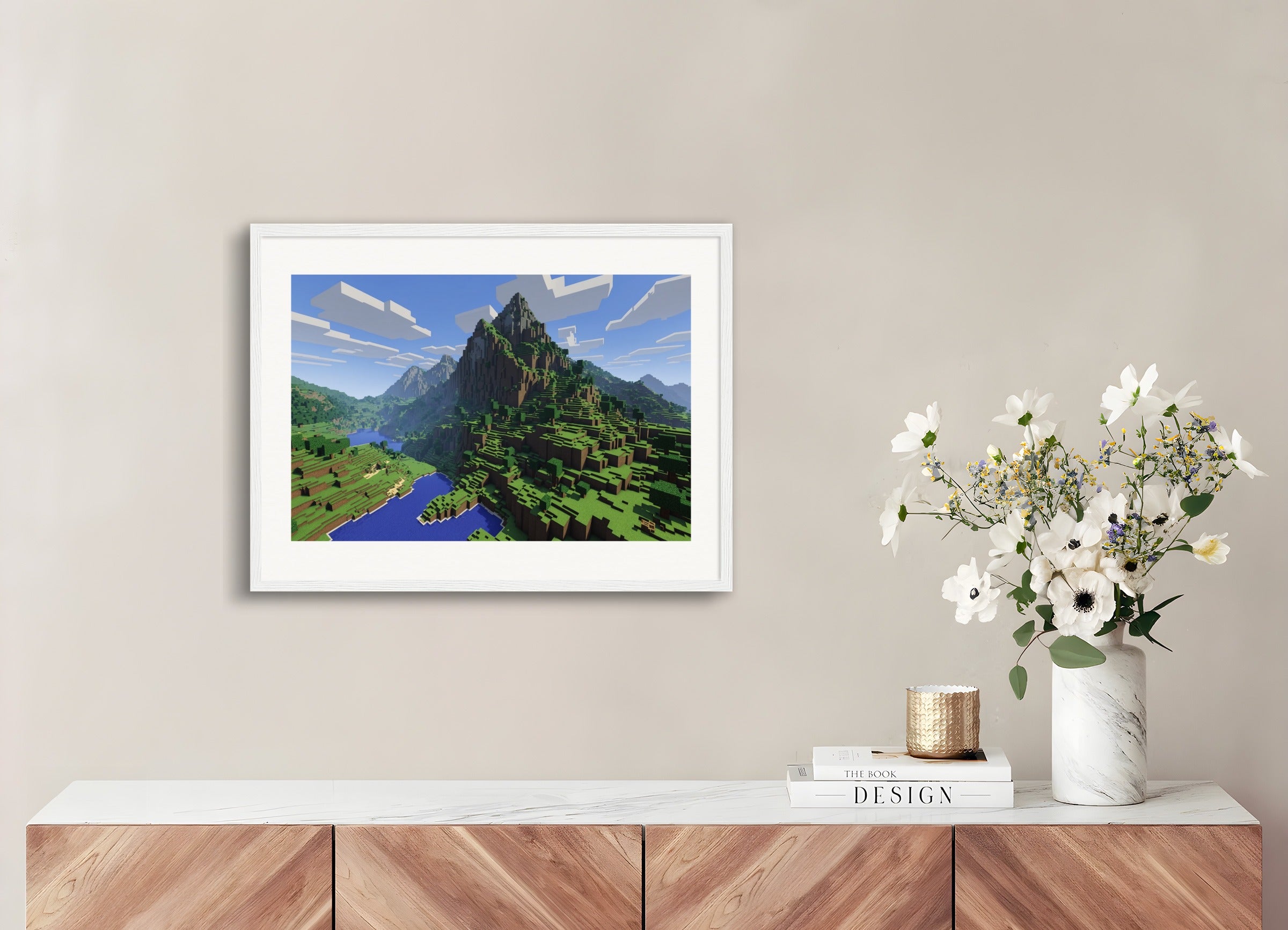 木製フレーム付きポスター：マインクラフト、山