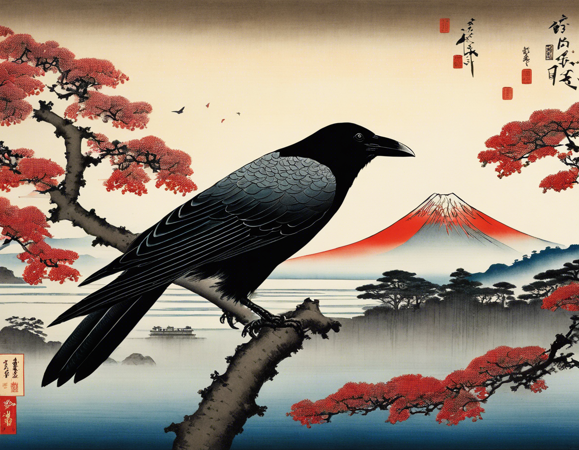 詩的な浮世絵の風景、儚い瞬間、カラス - ポスター
