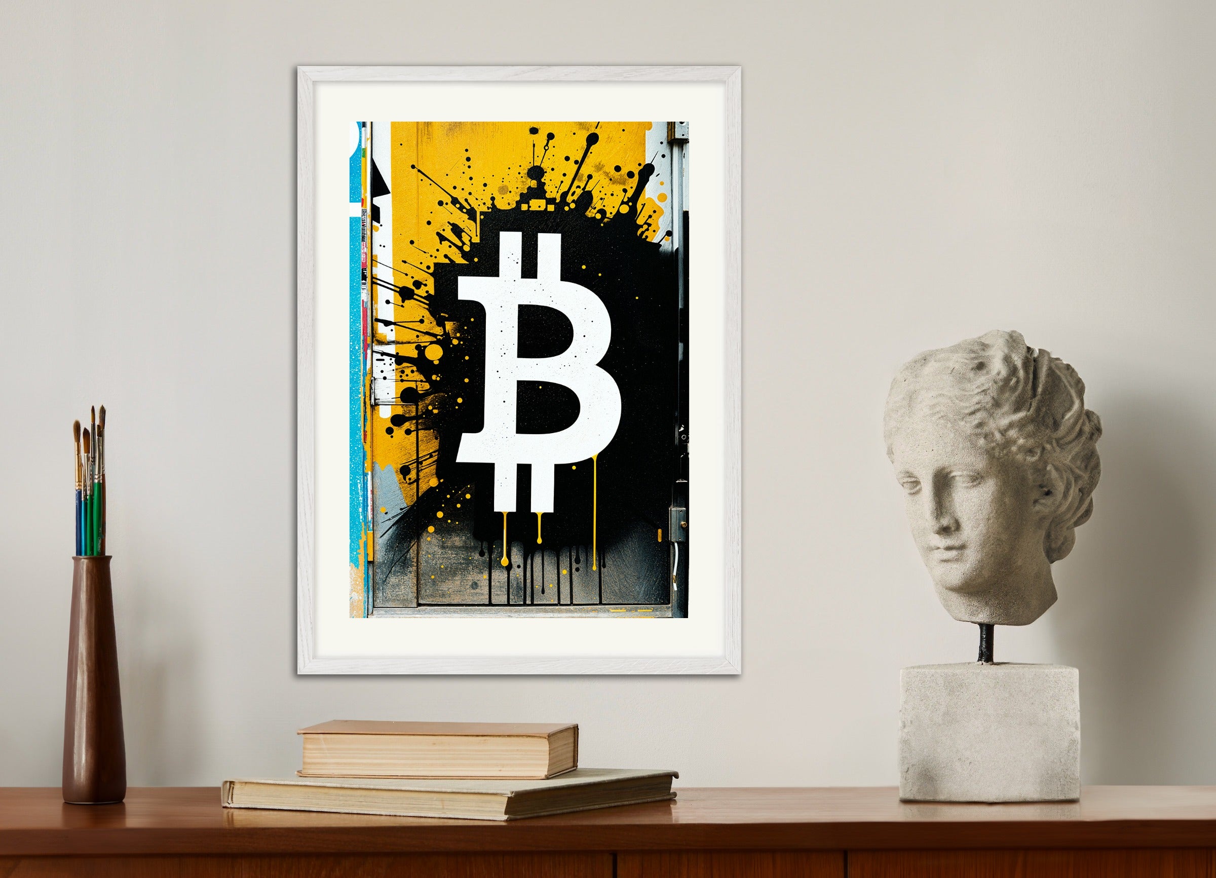 白い木製フレームのポスター：ビットコイン、ストリートアートウォール