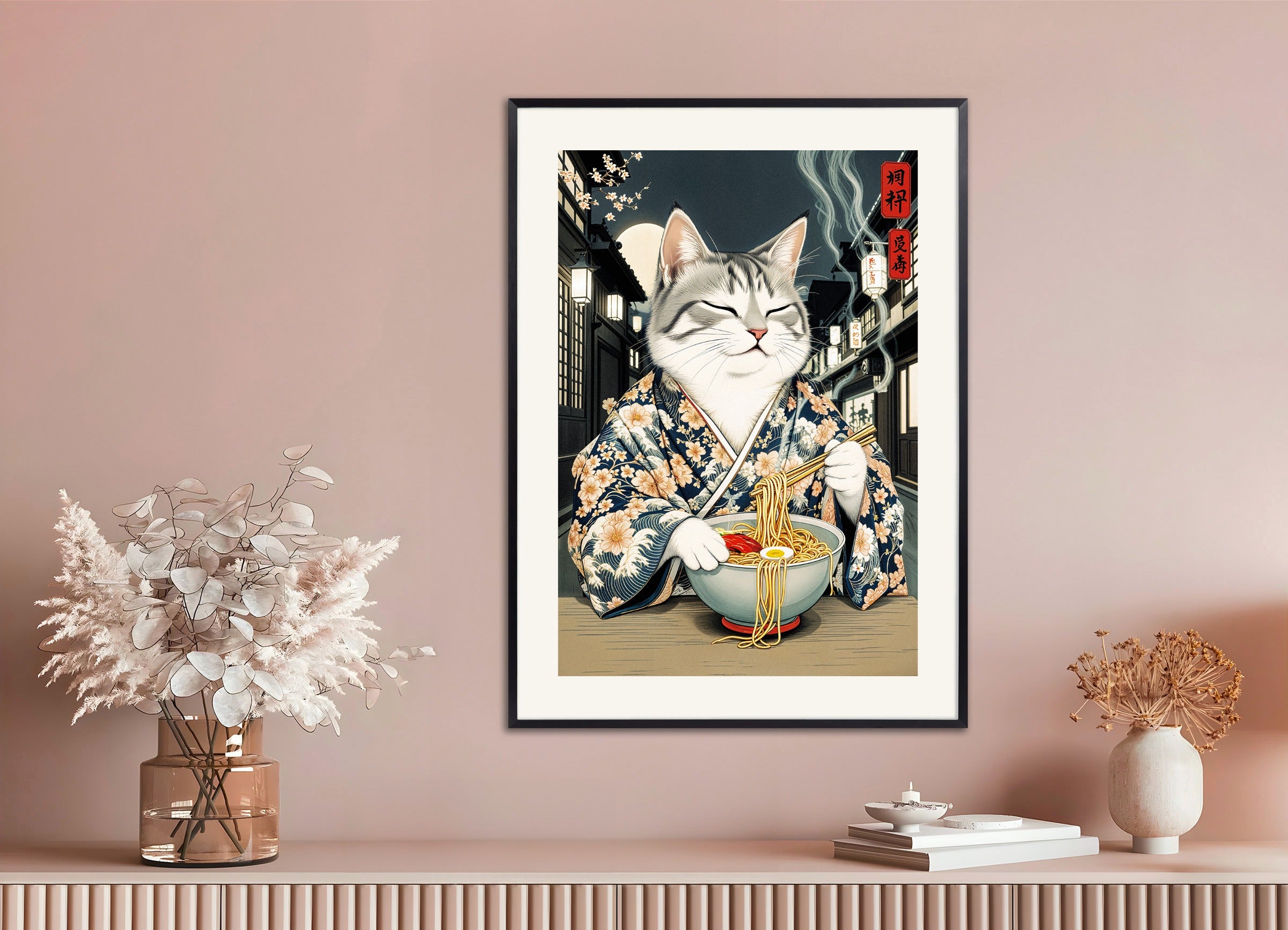 金属フレームのポスター：美味しいラーメン、猫、アジアのレストラン