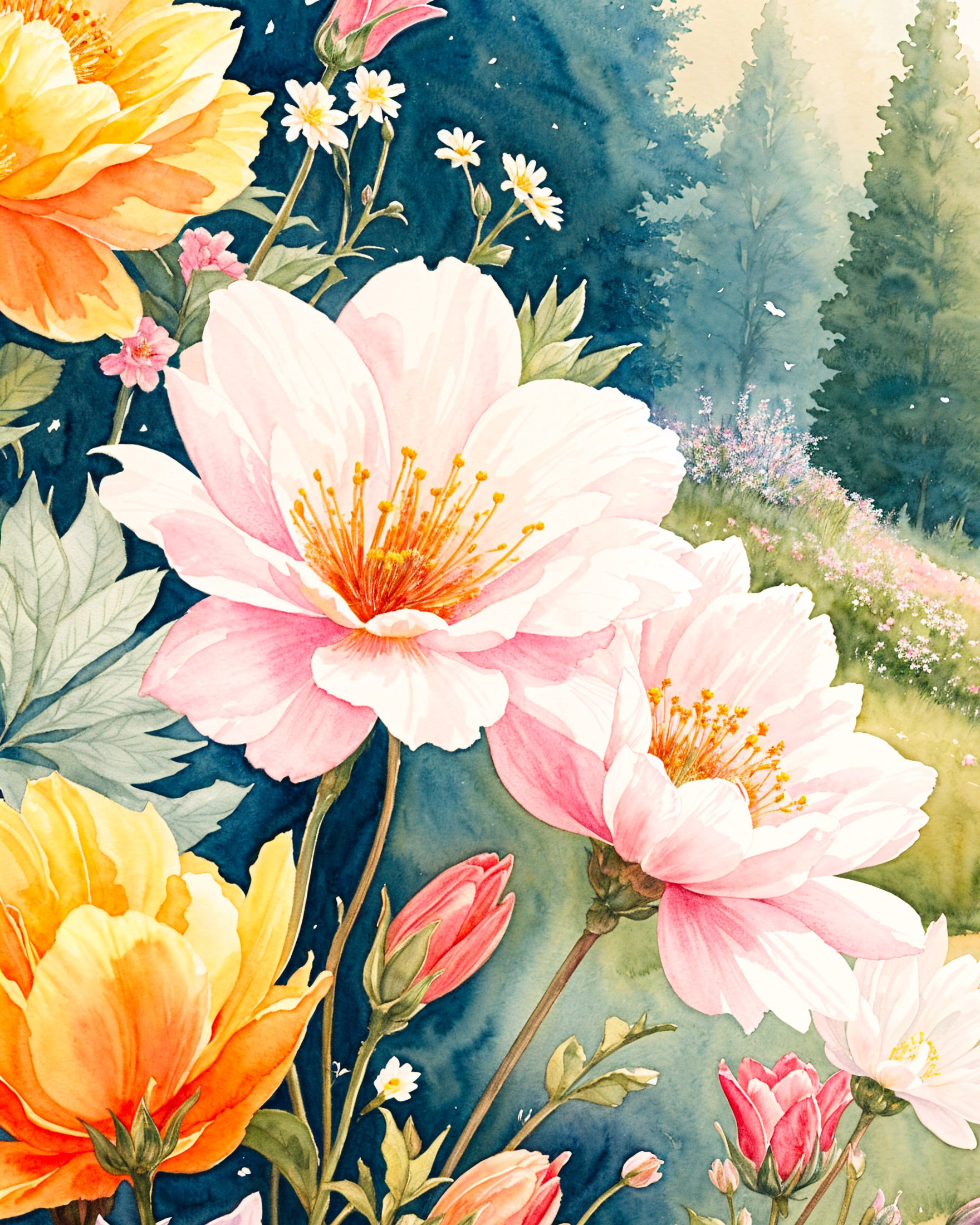 水彩の花の誕生日 - ポスター