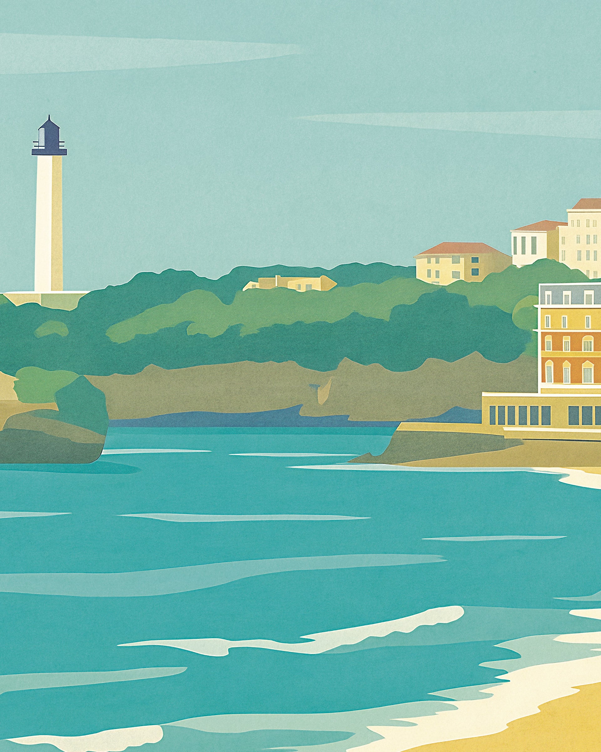 A stylized Biarritz coastal landscape illustration with a lighthouse on the left, green cliffs and buildings on the right, turquoise water in the foreground, and a pale blue sky.