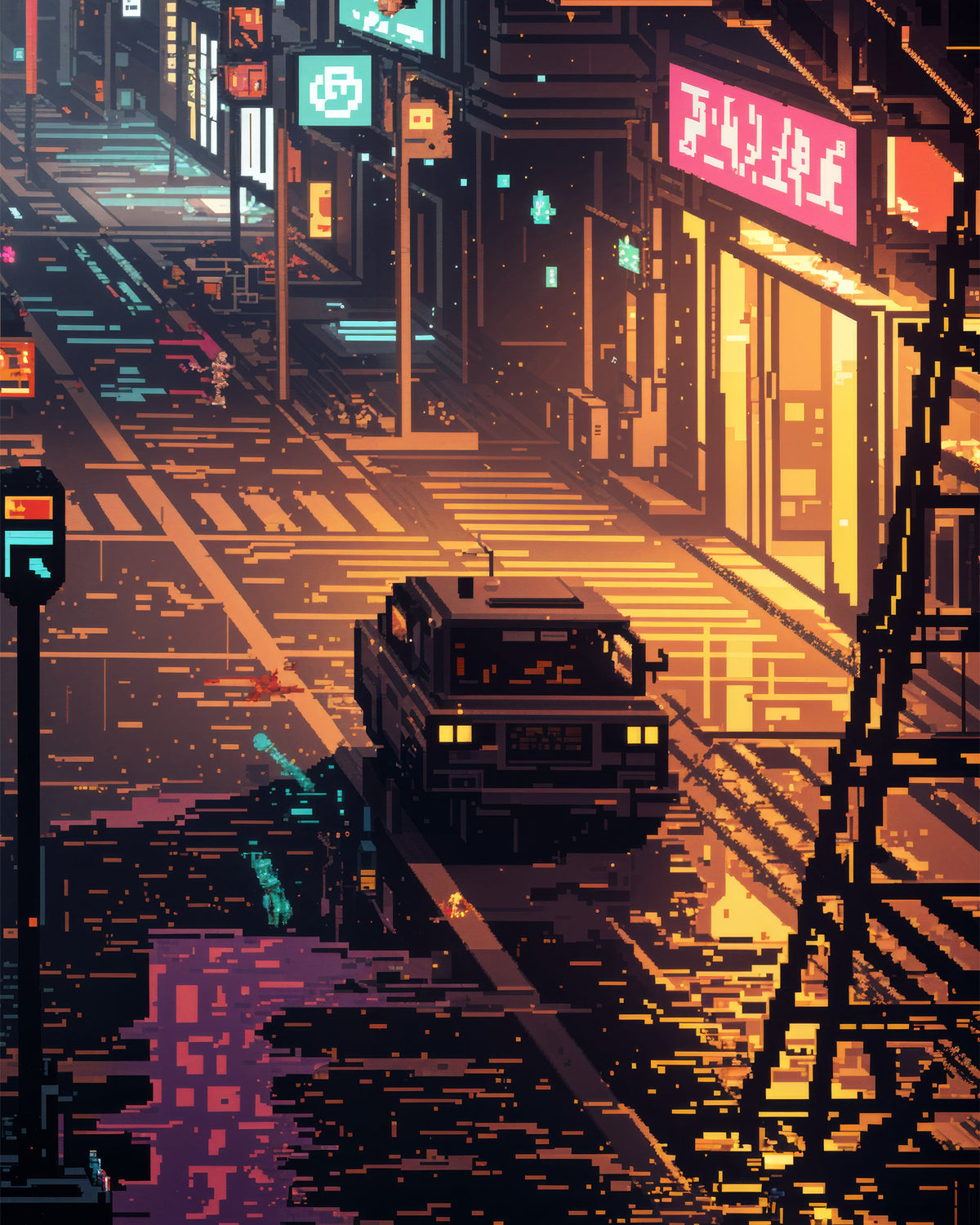 夜のネオンに照らされた様式化された街路の風景です。濡れた道路には暗色の車両があり、店舗の看板が光っています。オレンジ、紫、青、黄色を基調としたピクセル調のデジタルアートです。