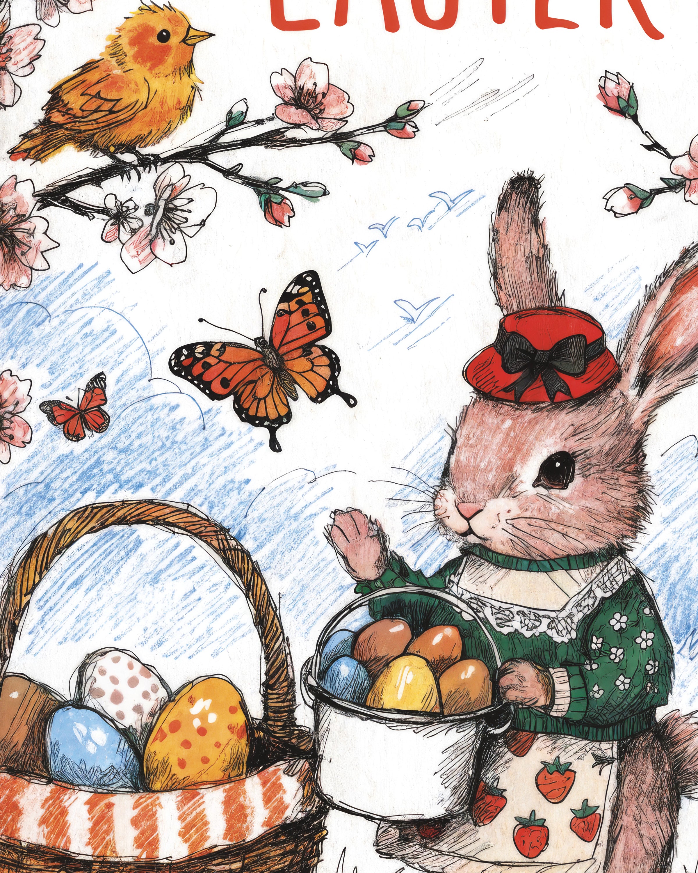 ハッピーイースターバニーと花咲く庭のポスタ - ポスター