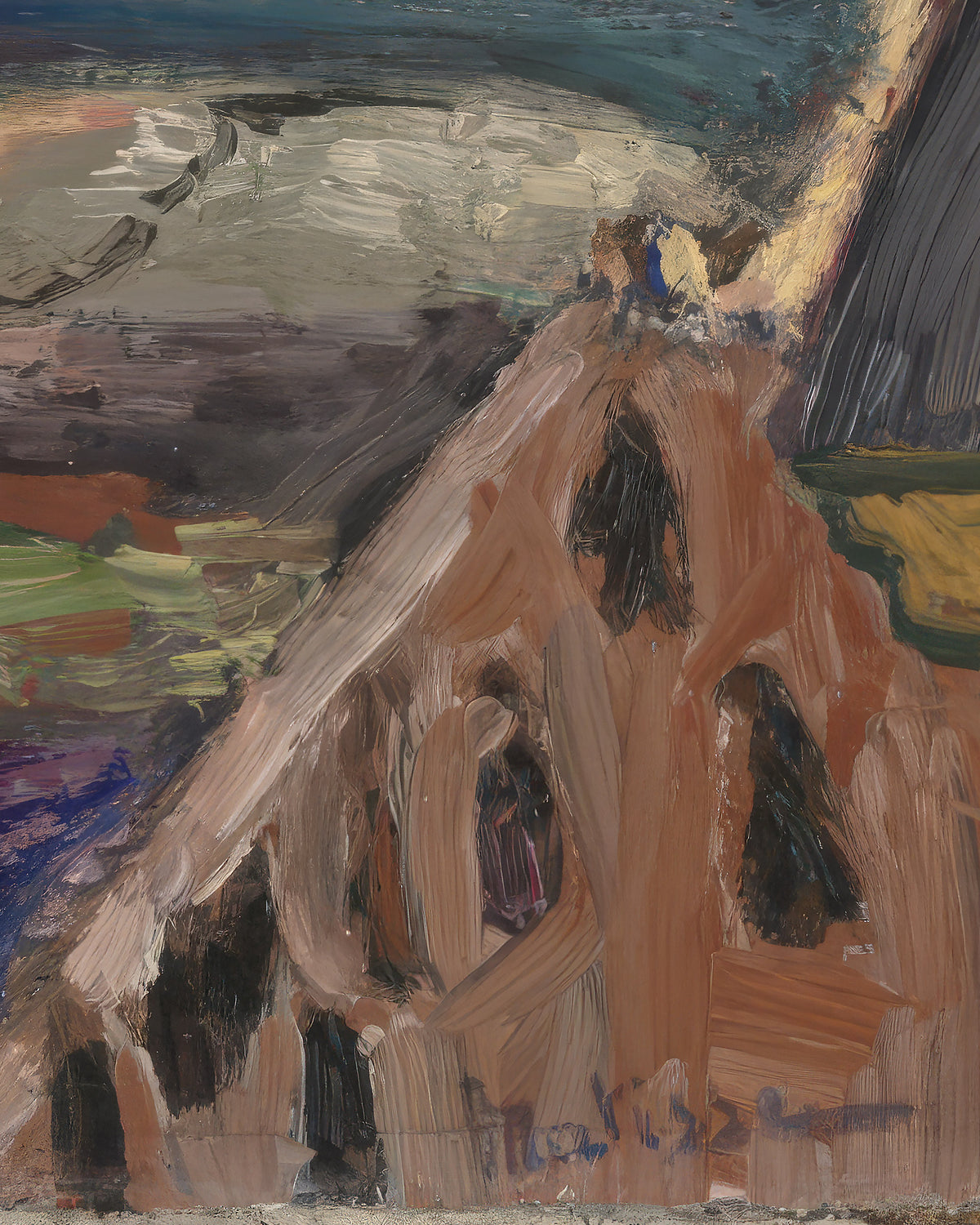 An abstract painting by Henri Matisse depicting a triangular mountain or architectural form in warm brown, beige, and black tones, with surrounding dark blue, gray, green, and yellow brushstrokes.