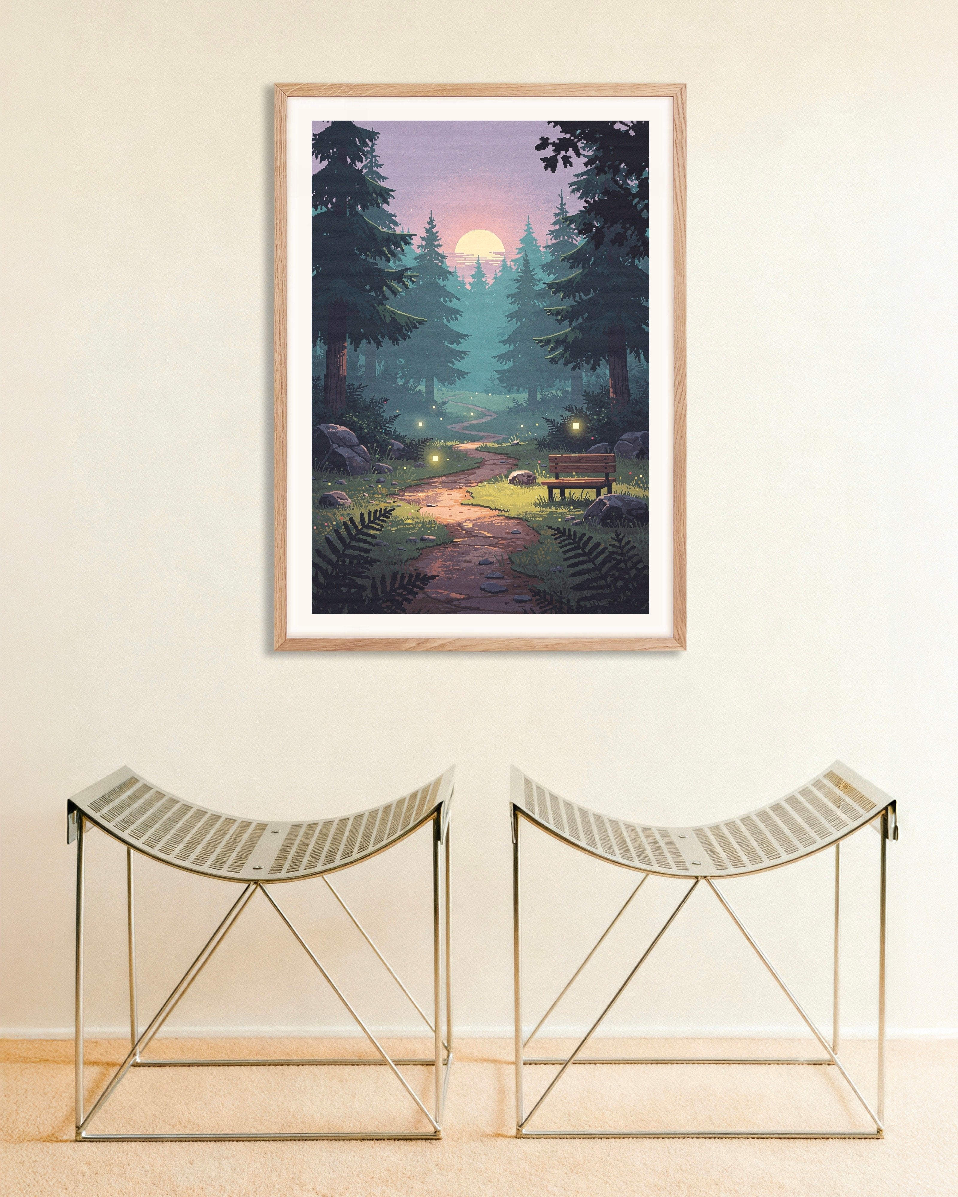 Poster of A Walk in the Forest - Pixel Art Twilight Path, with natural wooden frame