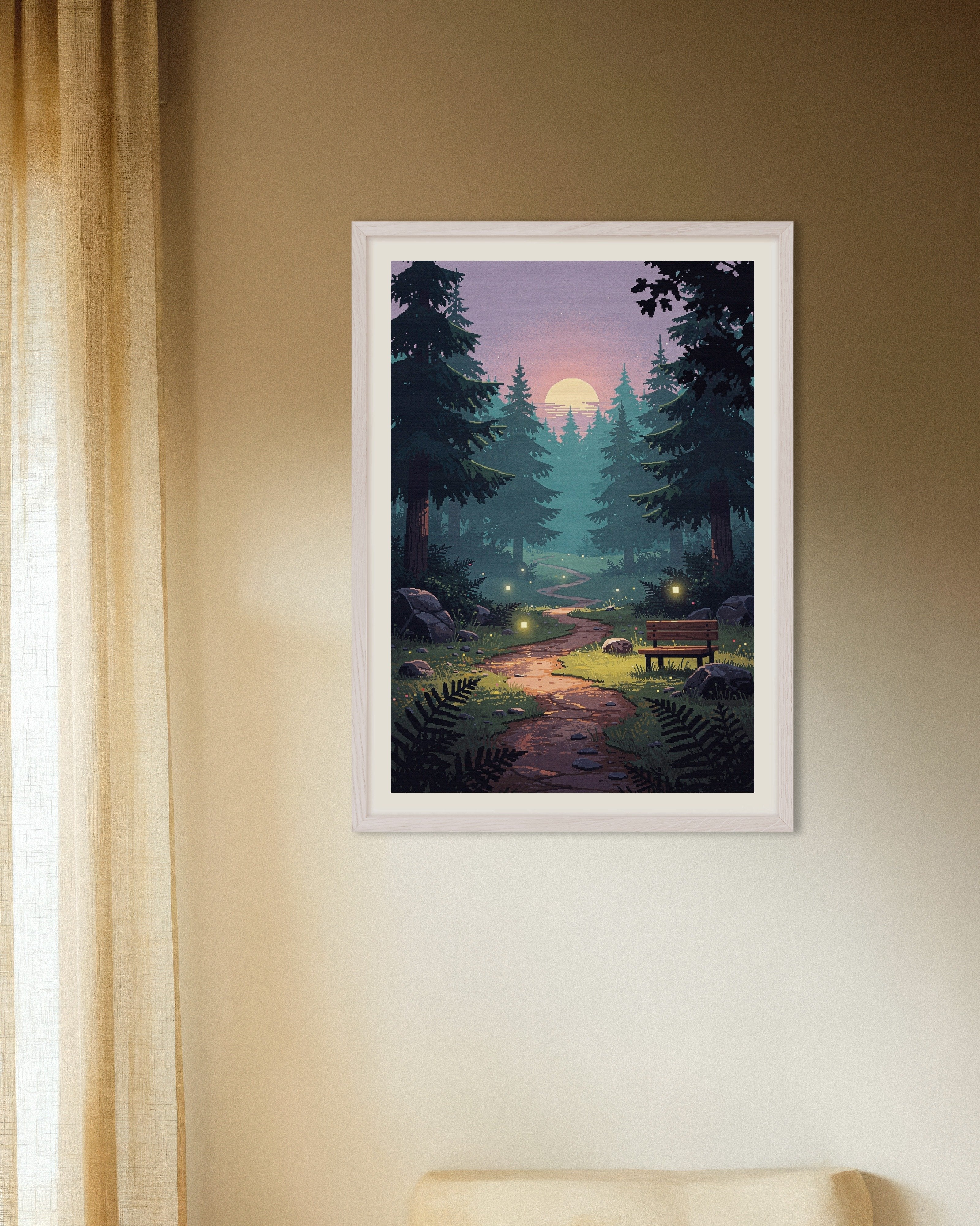 Poster of A Walk in the Forest - Pixel Art Twilight Path, with white wooden frame