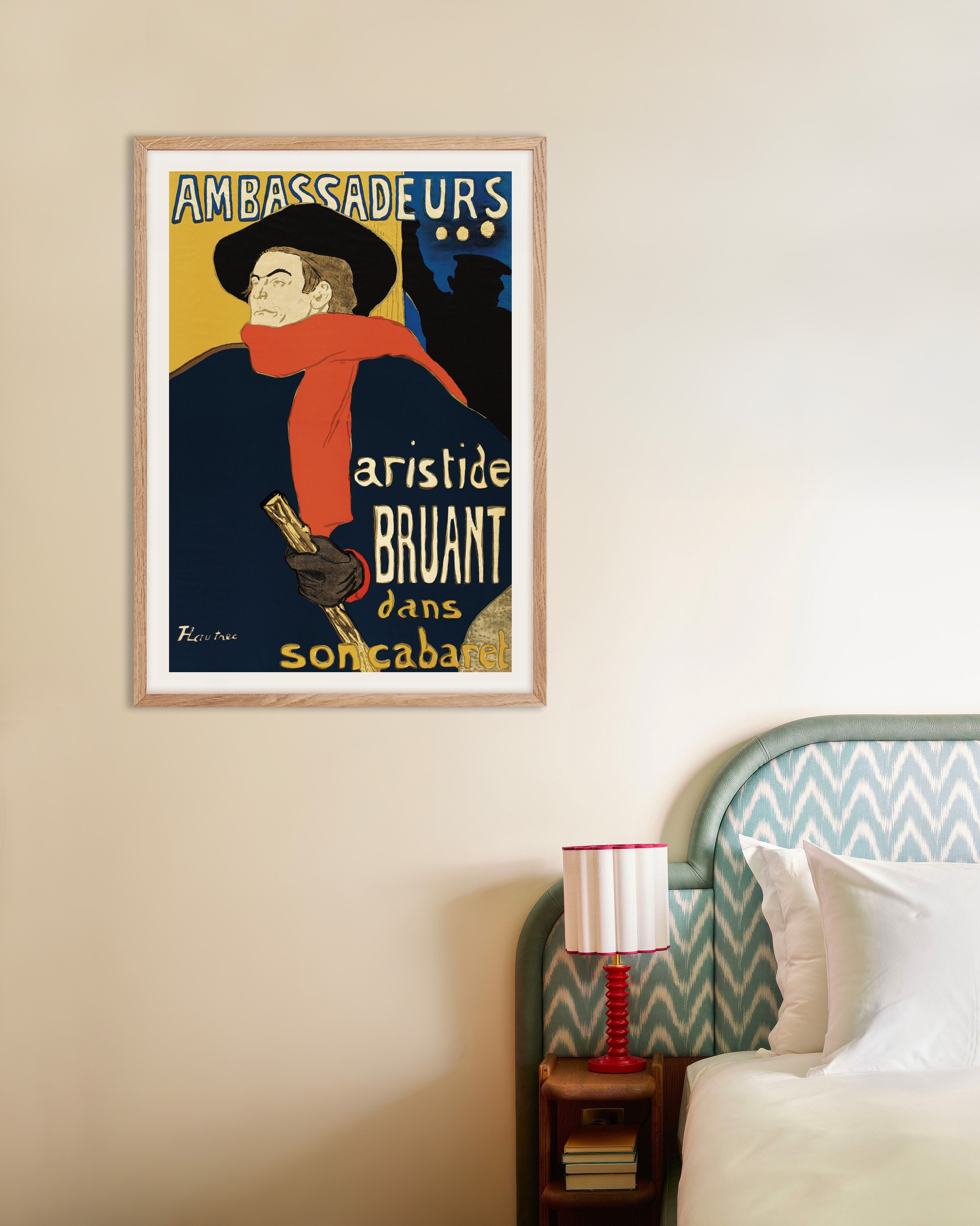 Poster of Ambassadeurs: Aristide Bruant dans son cabaret (1892) by Henri de Toulouse-Lautrec, with natural wooden frame