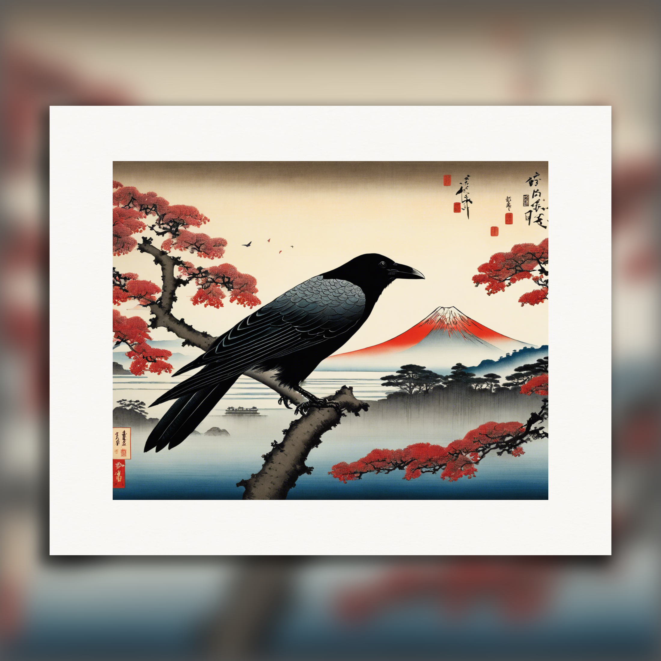 詩的な浮世絵の風景、儚い瞬間、カラス - ポスター