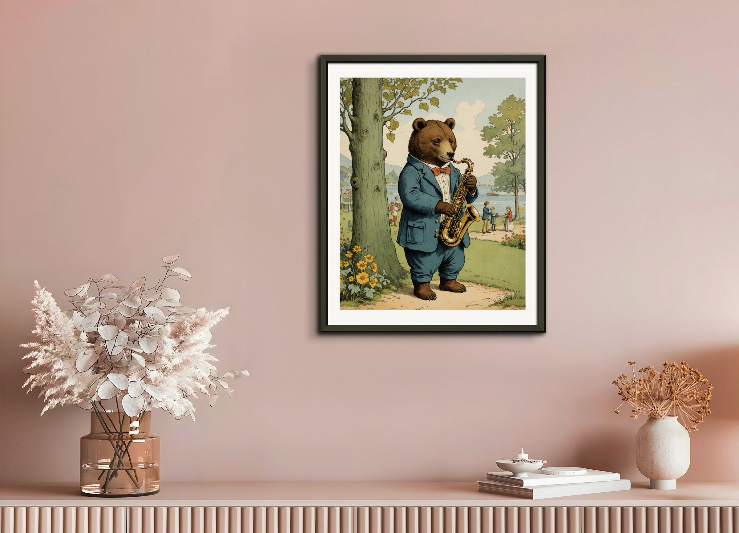 金属フレーム付きポスター：英国のイラスト、無垢で懐かしい子供時代、クマがサックスを演奏しています