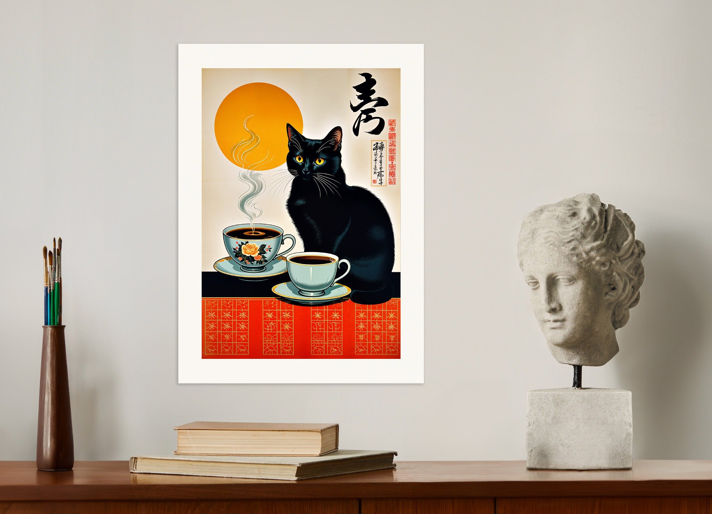 ポスター：黒猫とコーヒー、ヴィンテージ日本風、なし
