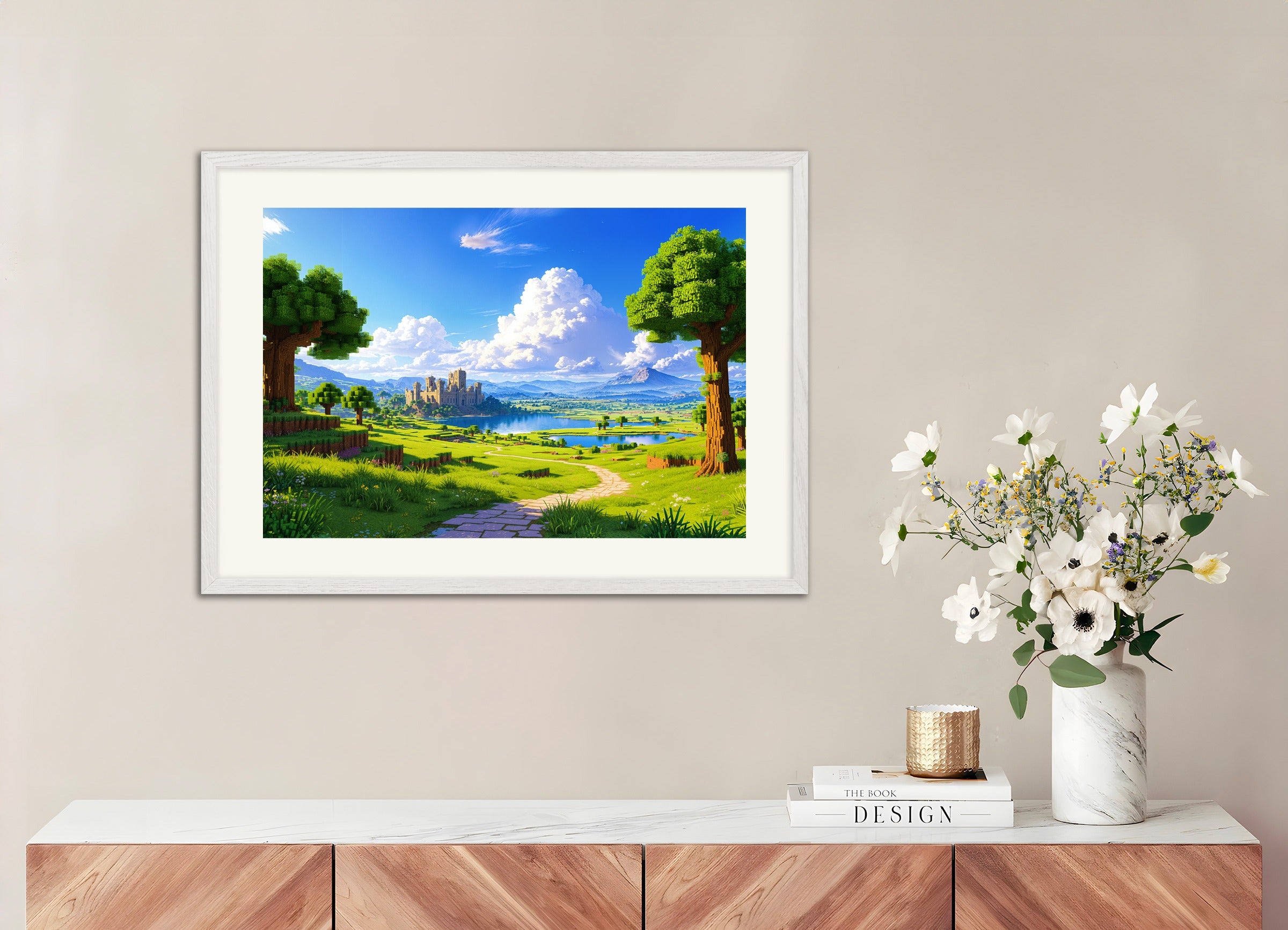 白い木製フレームのポスター：マインクラフト、城と湖