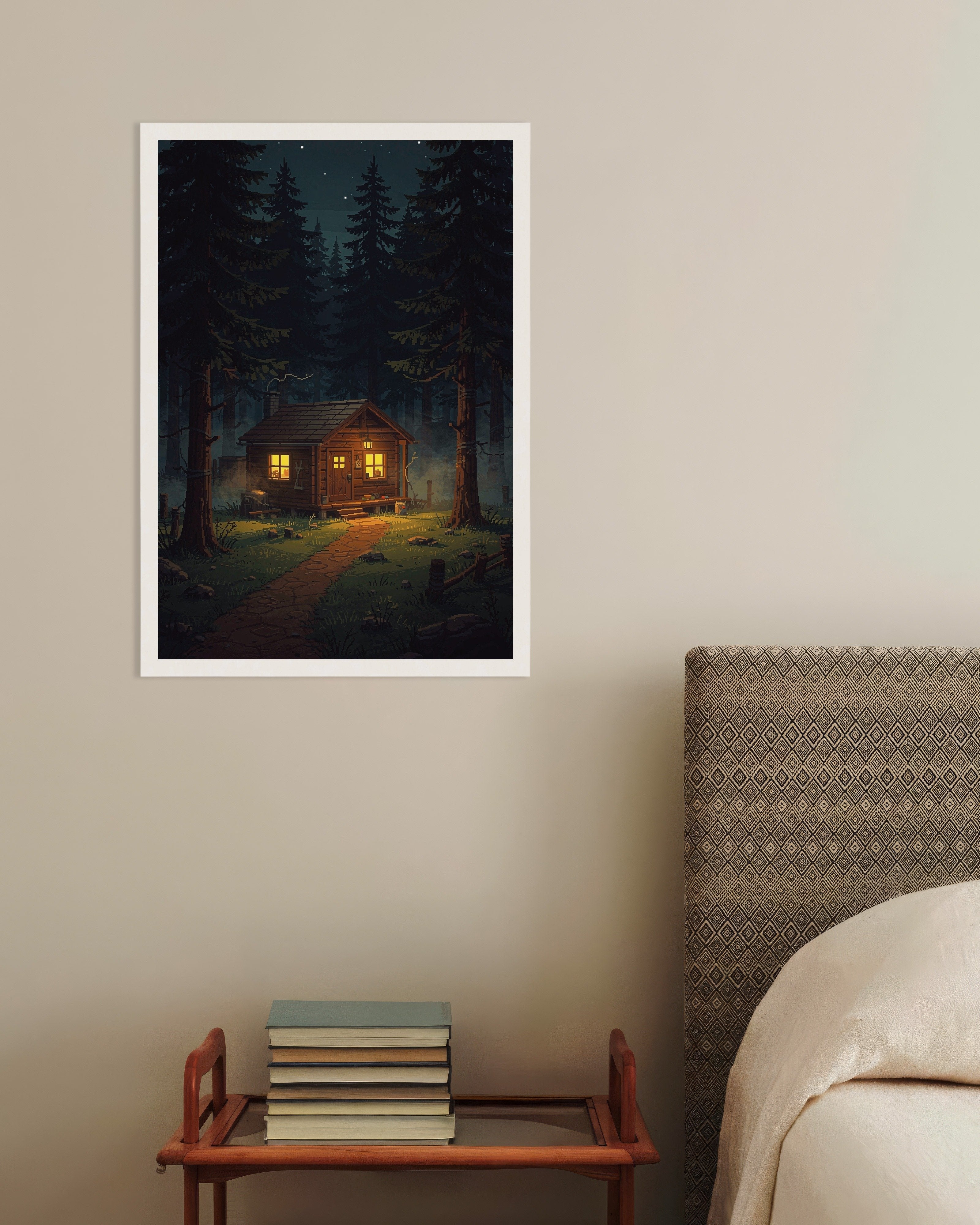 Poster of Cabin Glow in the Forest - Pixel Art Poster