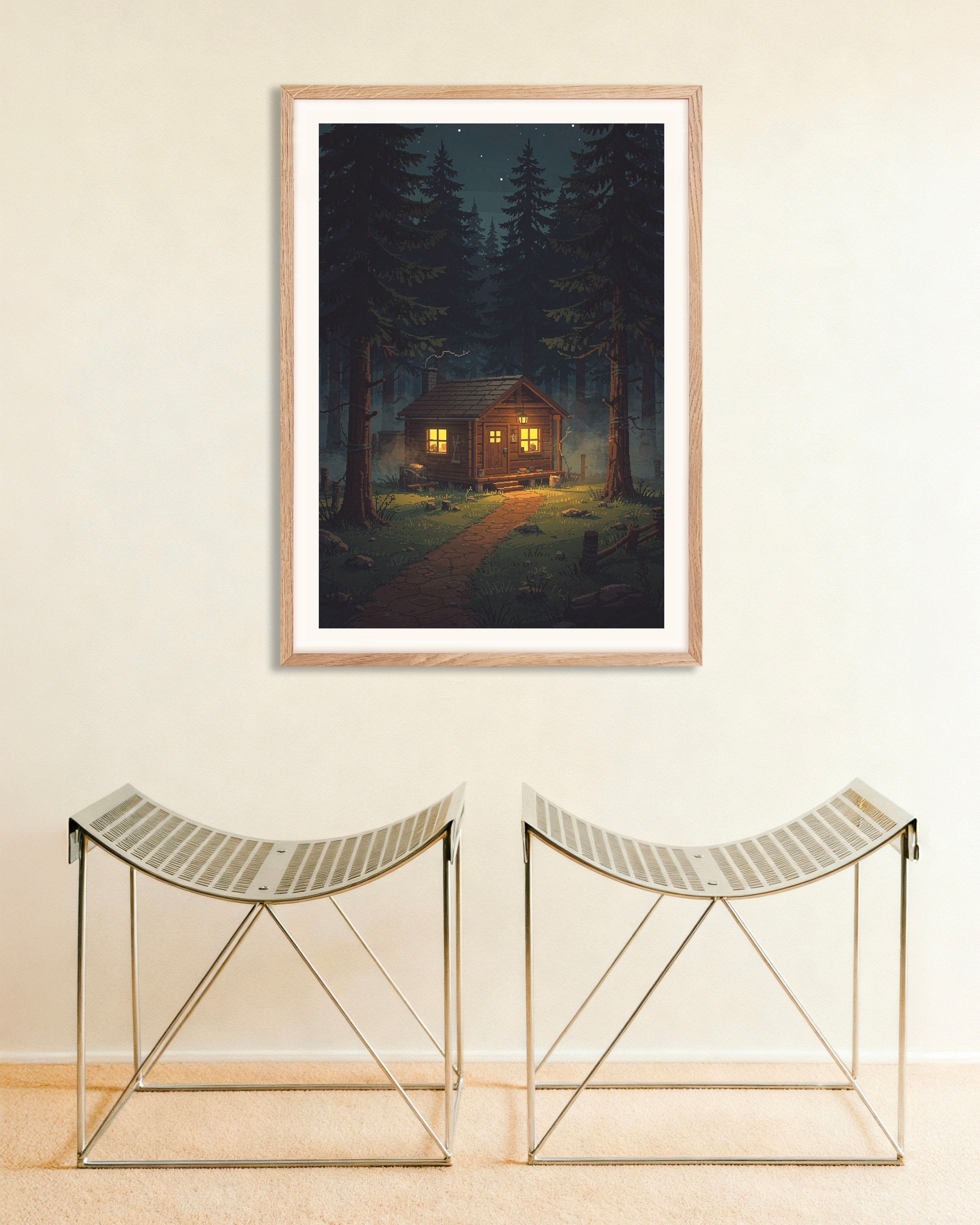 Poster of Cabin Glow in the Forest - Pixel Art Poster, with natural wooden frame