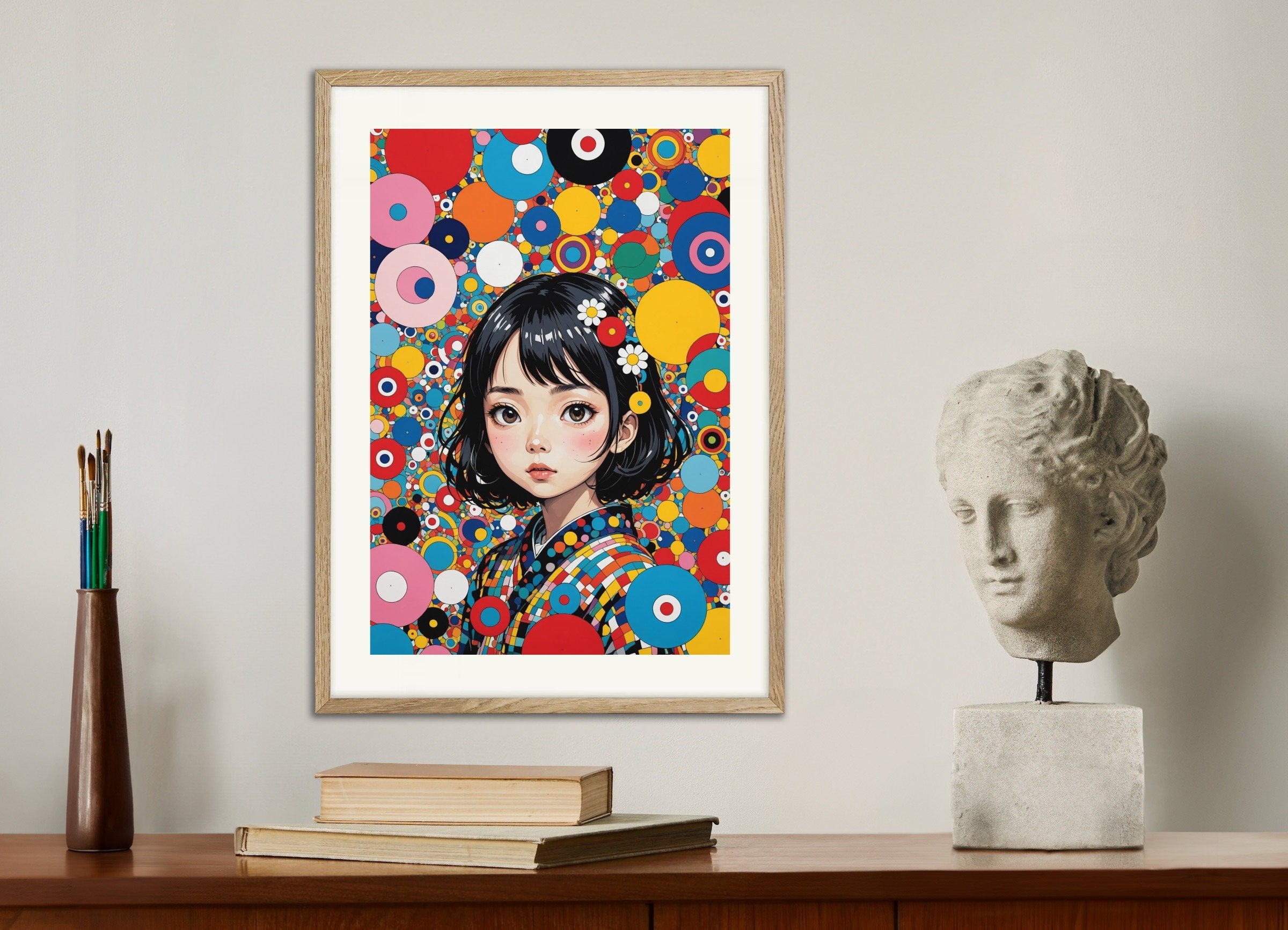 現代日本のかわいいアーティストのポスター、自然な木製フレーム付き