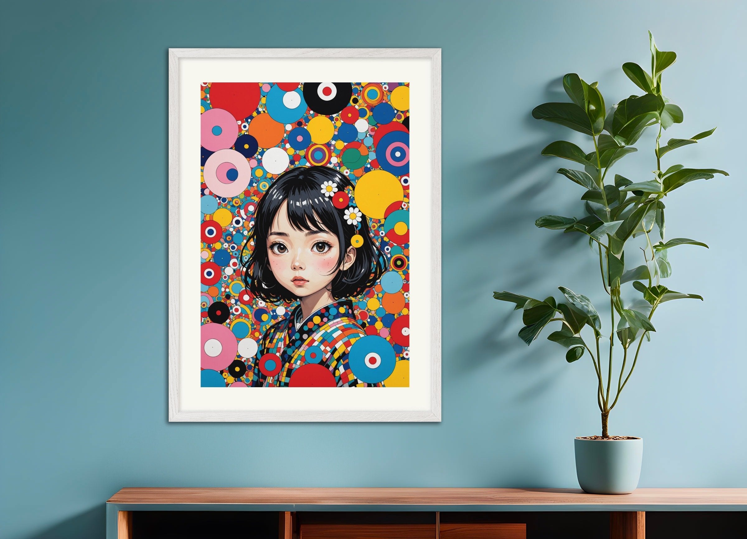 現代日本のかわいいアーティストのポスター、白い木製フレーム付き