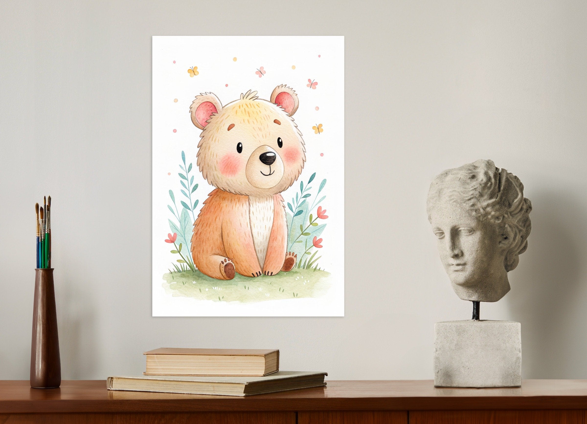 かわいいクマのポスター - 蝶々と一緒のナーサリーウォールアート