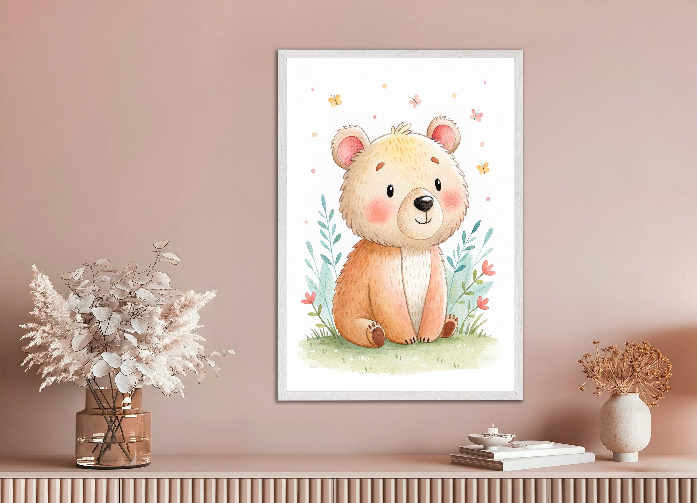 かわいいクマのポスター - 蝶々付きのナーサリーウォールアート、白い木製フレーム付き