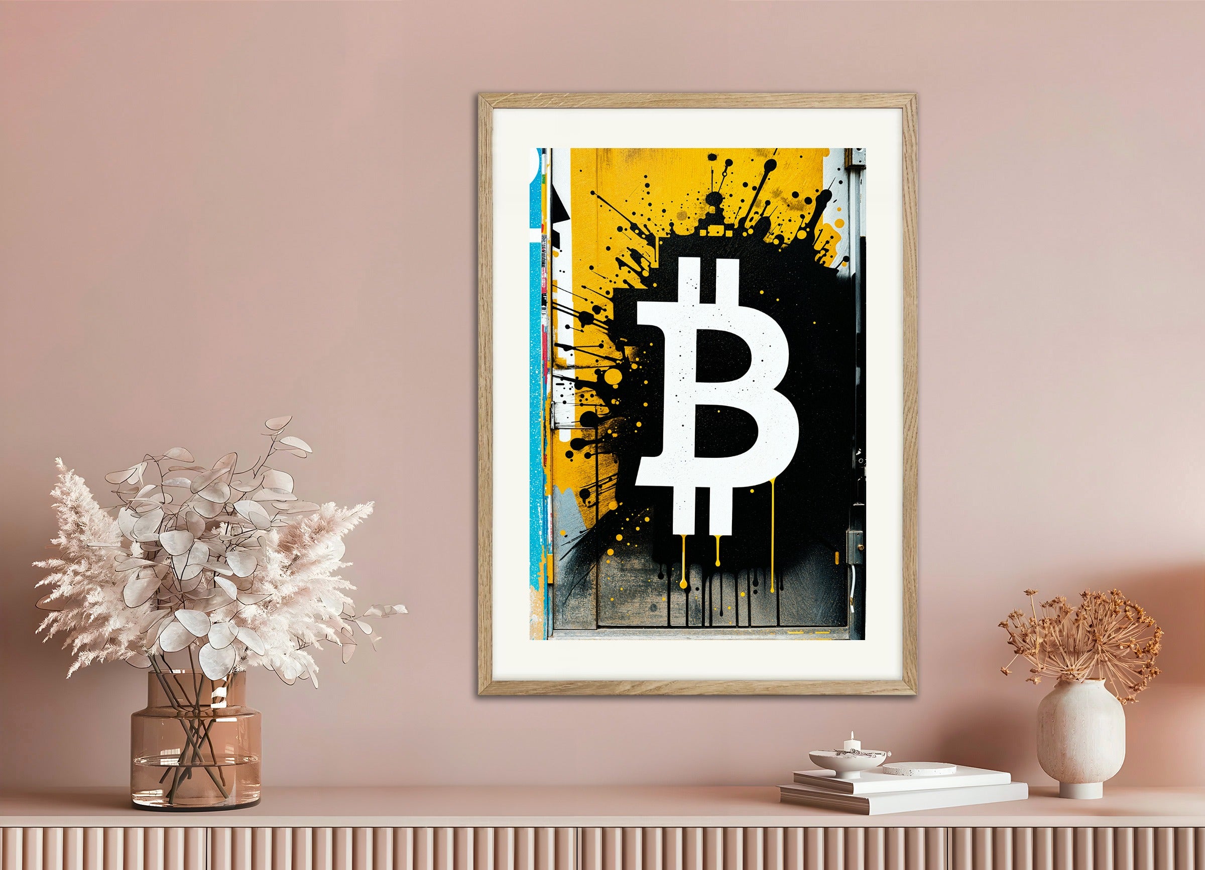 ナチュラルウッドフレームのポスター：ビットコイン、ストリートアートウォール