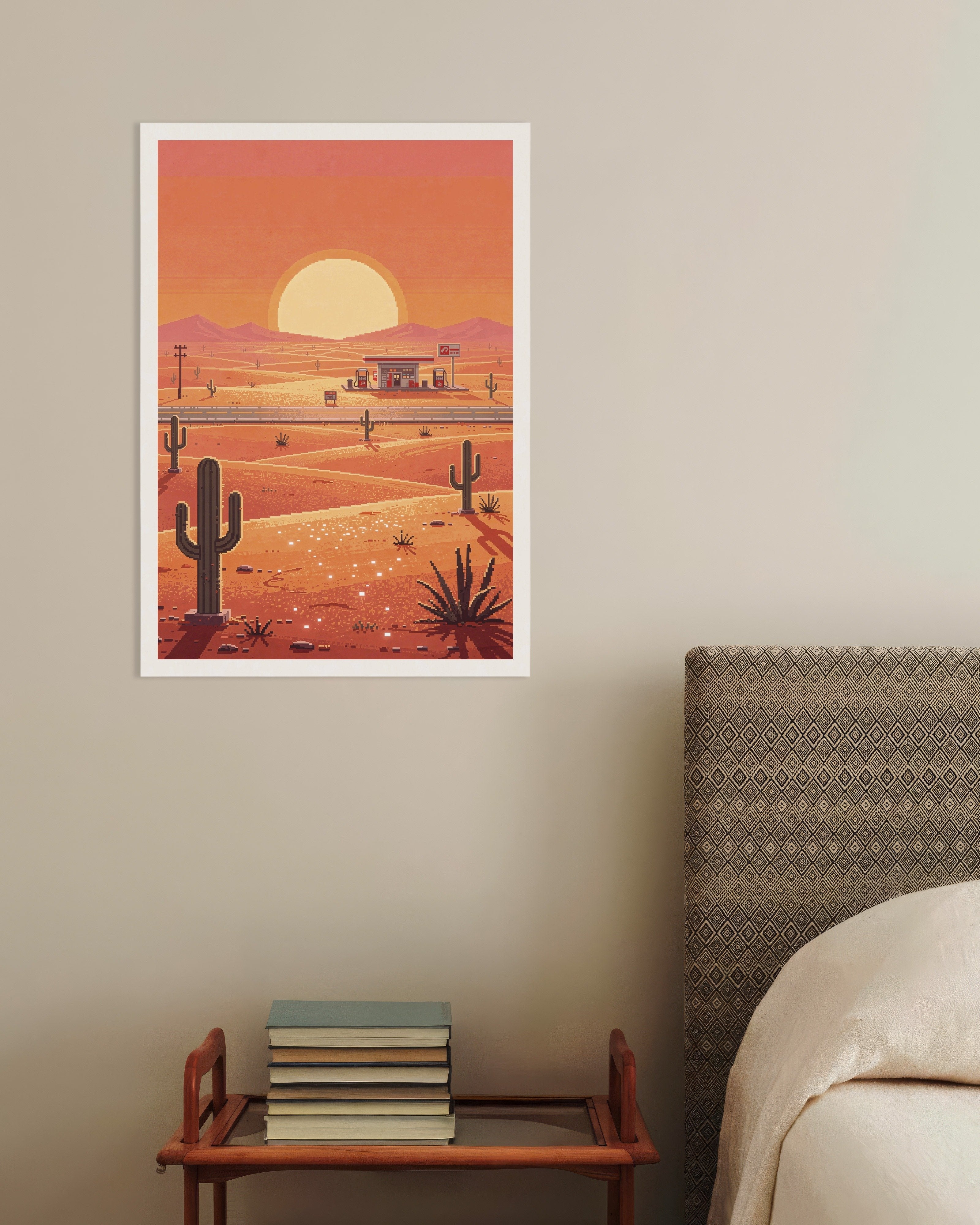 Poster of Desert Gas Station at Sunset - Pixel Art Poster