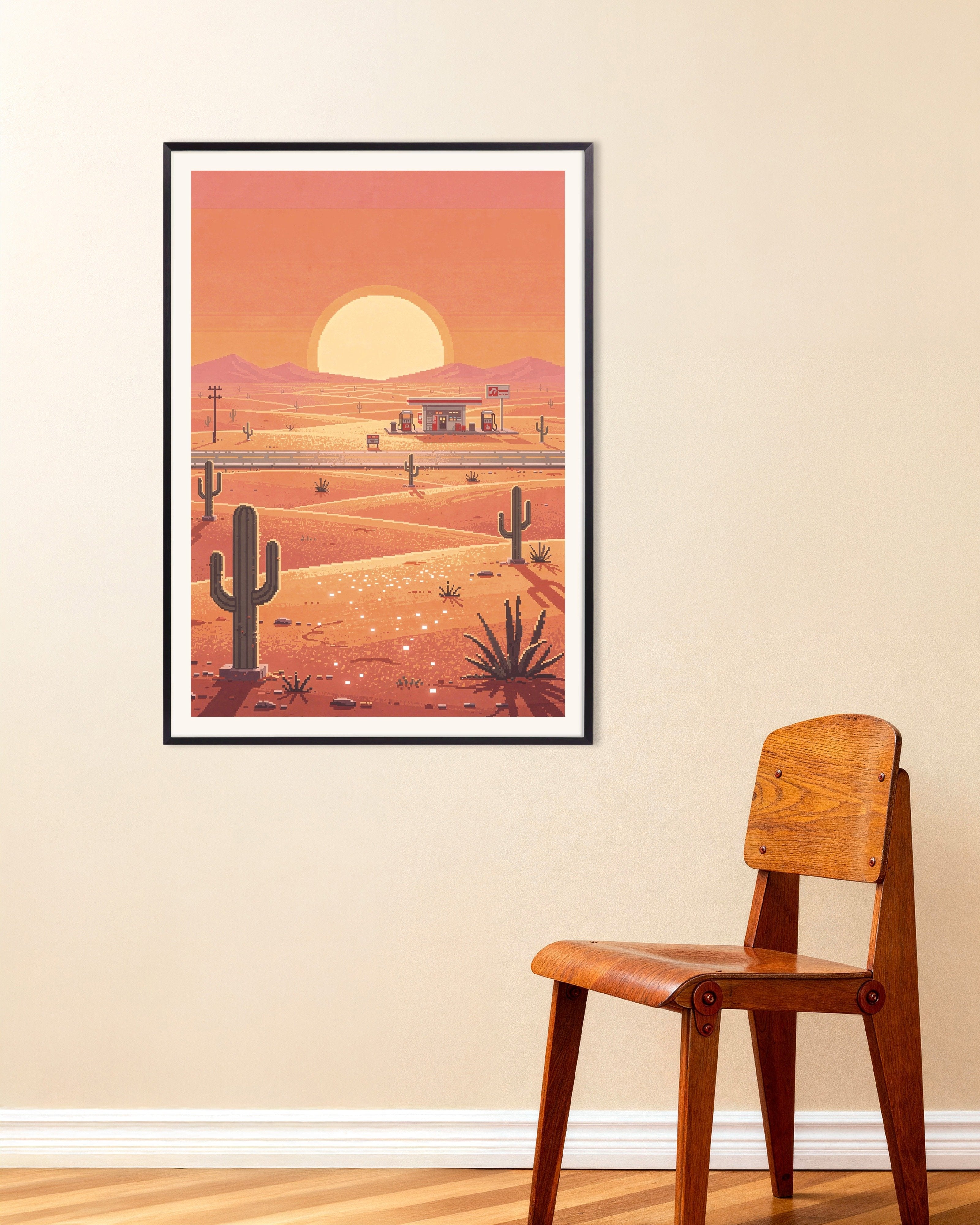 Poster of Desert Gas Station at Sunset - Pixel Art Poster, with metal frame