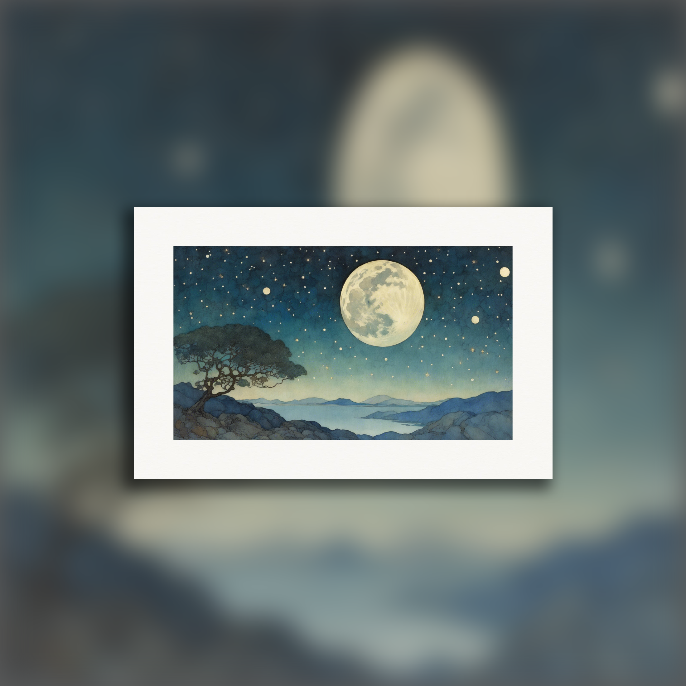 魅惑的なイラスト、月と星空 - ポスター