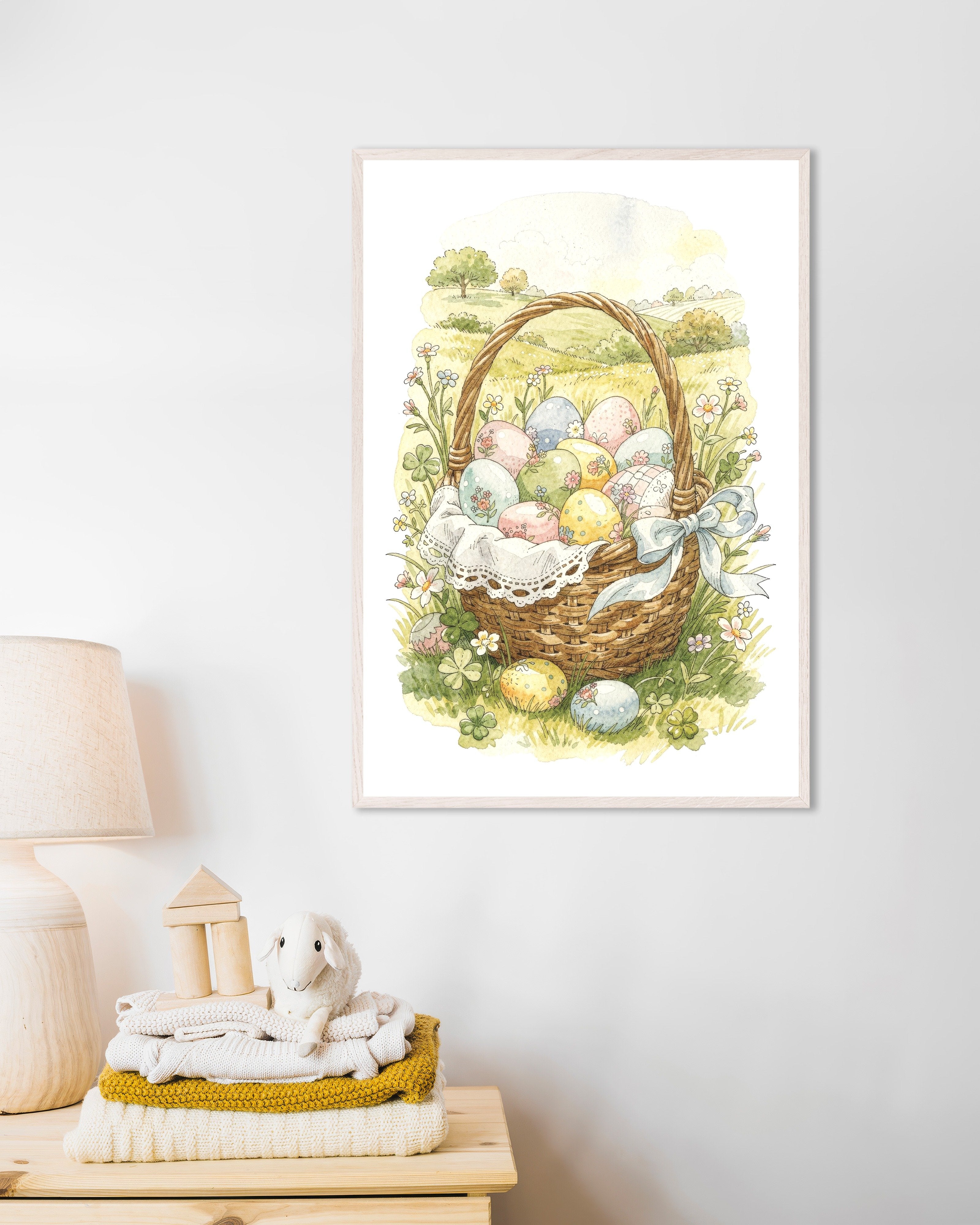 Poster of Easter Basket Meadow - Pastel Watercolor Poster, with white wooden frame