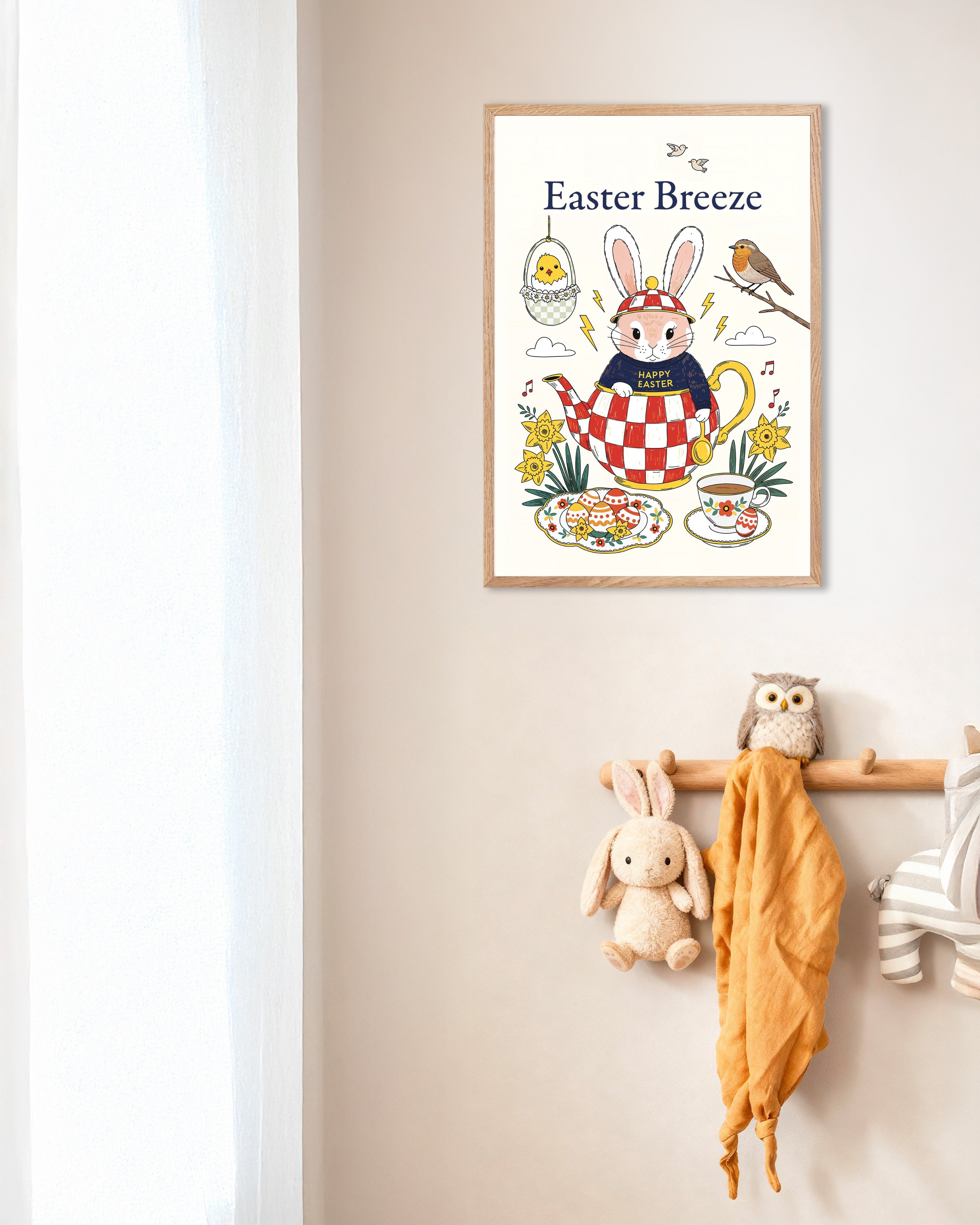 Poster of Easter Breeze - Bunny Teapot and Daffodils Poster, with natural wooden frame